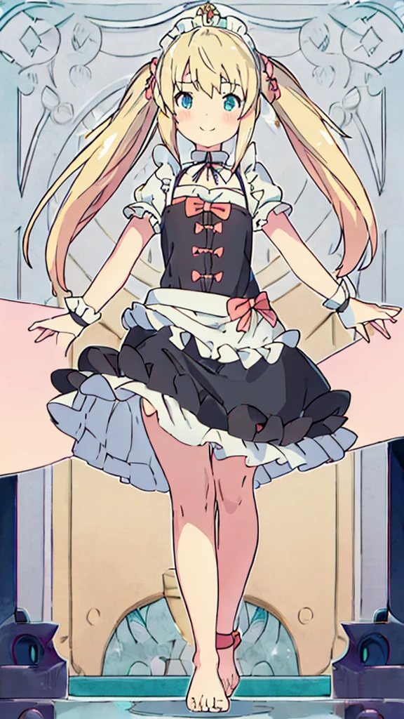 ((masterpiece))((Highest quality))girl、smile、blush、Flat Chest、Are thin、Blonde Hair、blush、Are standing、Whole body image、Even your toes are visible、Eye level to the feet、front、No background、真frontのアングル、A black maid outfit full of frills、Twin tails、Low - Angle