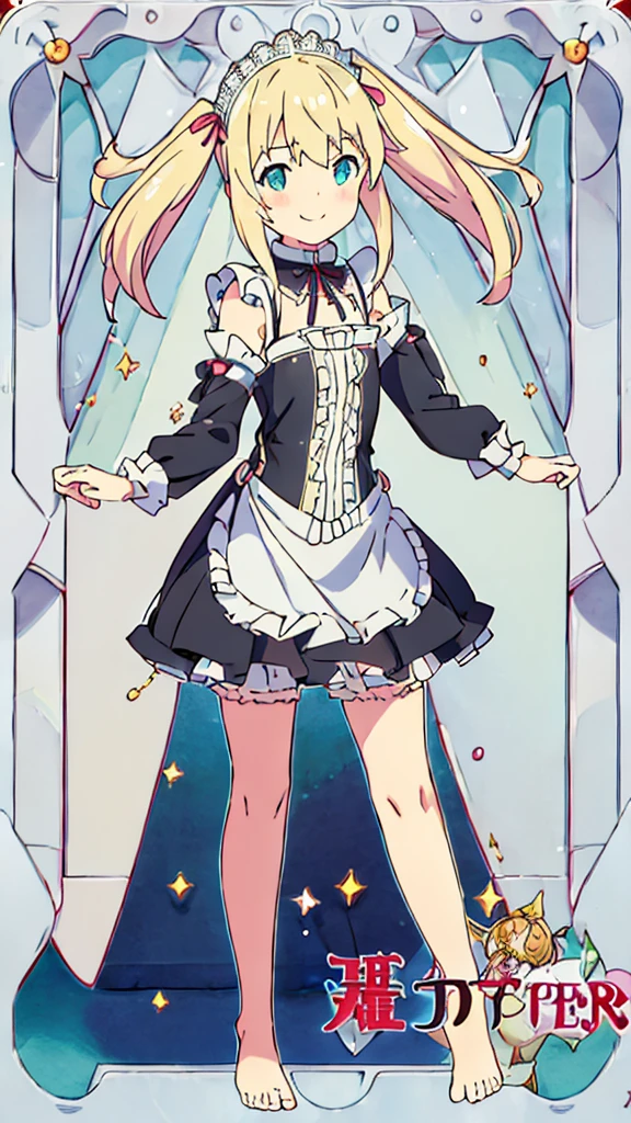 ((masterpiece))((Highest quality))girl、smile、blush、Flat Chest、Are thin、Blonde Hair、blush、Are standing、Whole body image、Even your toes are visible、Eye level to the feet、front、No background、真frontのアングル、A black maid outfit full of frills、Twin tails、Low - Angle