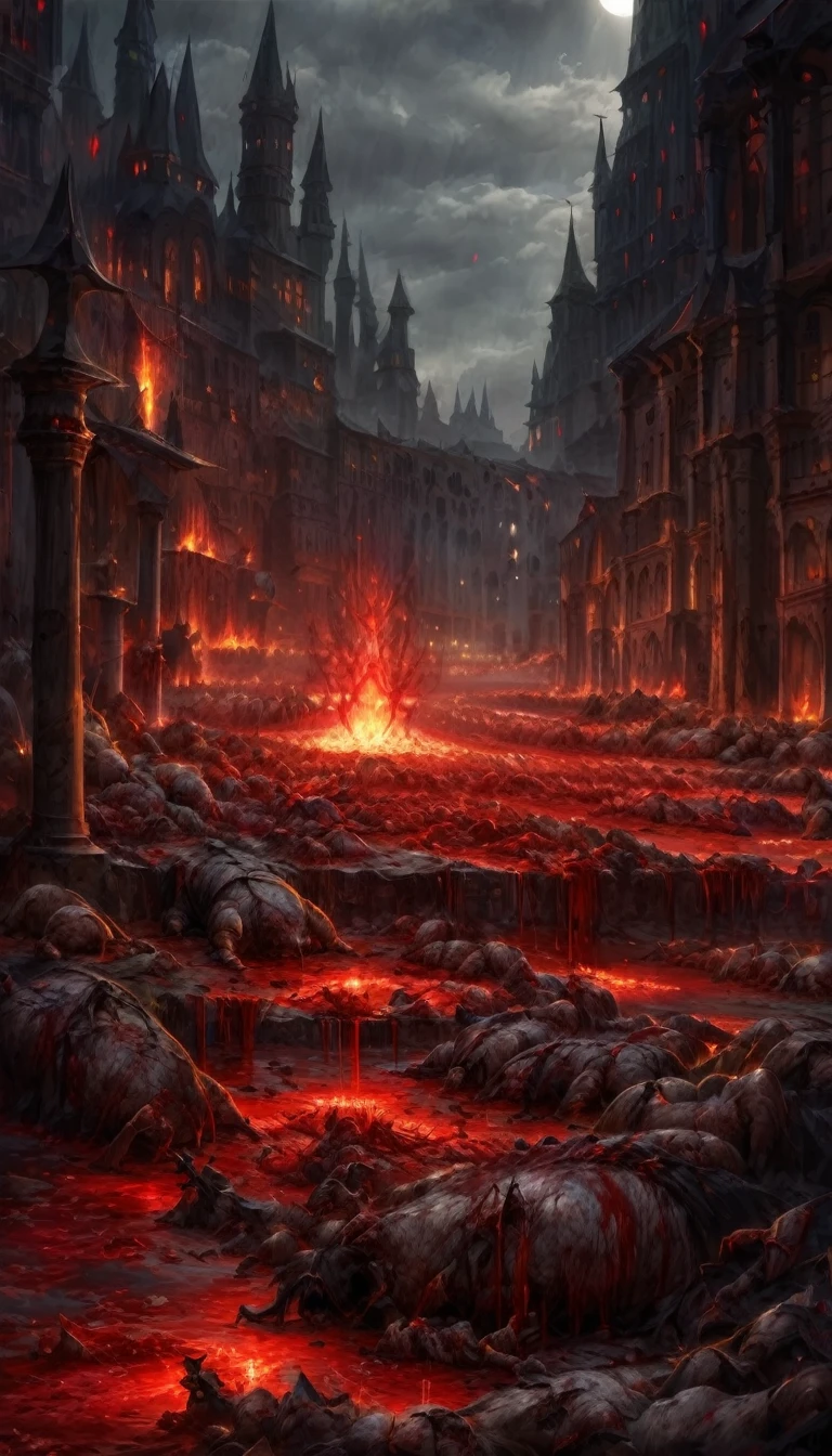 Create a realistic abstract fantasy landscape of a medieval city. The scene is dark and mysterious, with a predominance of dark shades and deep reds. Streams of blood flow through the streets, with organs scattered around and piles of bodies, primarily humanoid creatures, lying about. The city is marked with scorch marks and dark, blood-red fires raging under a dark sky. The only source of light is a shattered, ashy dark moon, casting an eerie glow over the landscape. Thick, red blood rains down from the sky, adding to the grim atmosphere. Masterpiece 