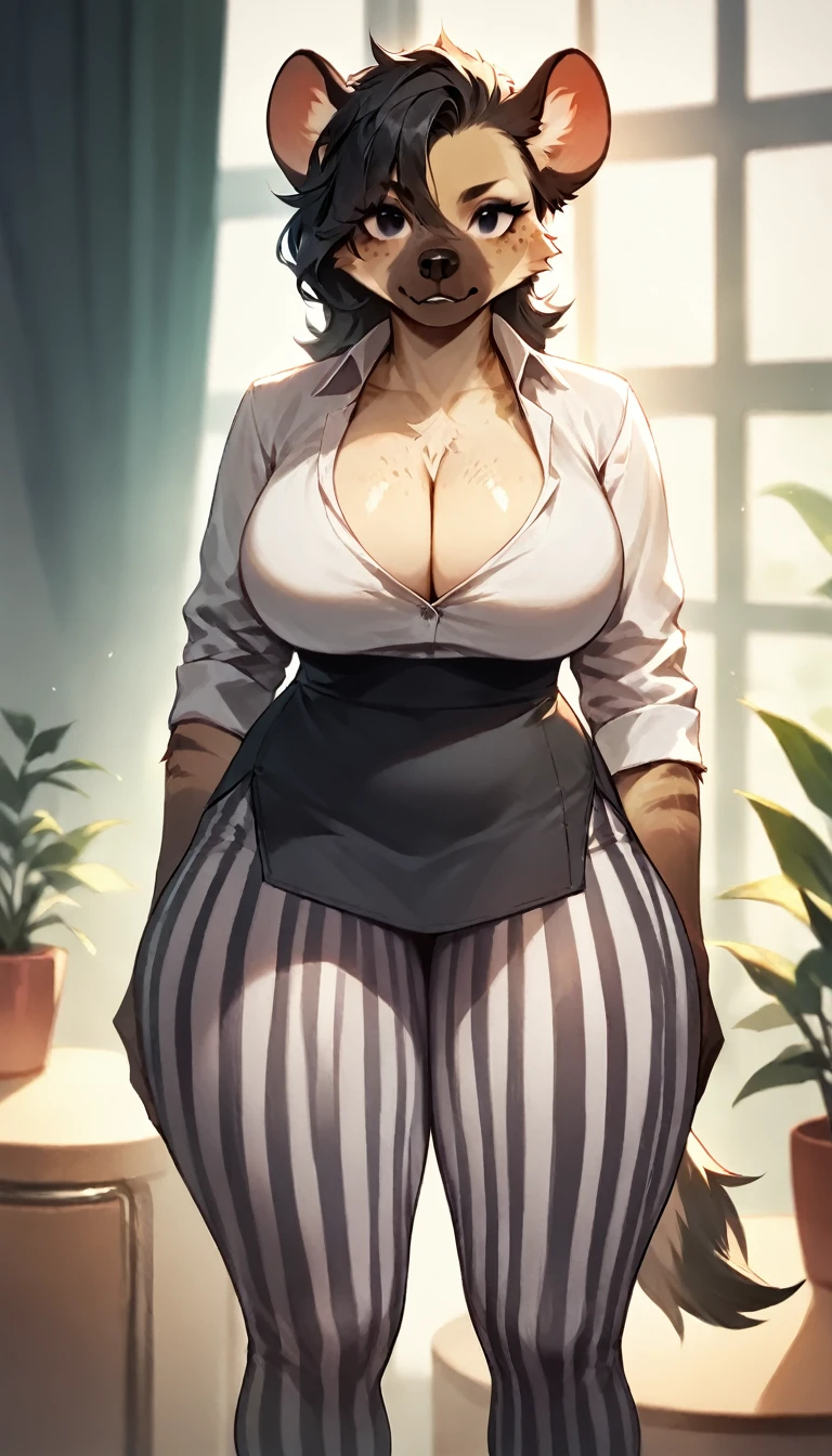 score_9, score_8_up, score_7_up, score_6_up, score_5_up, score_4_up, (solo), female anthro hyena, secretary clothes, striped yoga pants, lusty, fluffy body, black hair, freckles, freckles on face, black eyes, (thick thighs:1.5)((( offering the breasts))) sex partial clothes, (((cleavage))) semi-butonned uniform niform, (barely_visible_booba) (she is standing) , giant breasts, front view