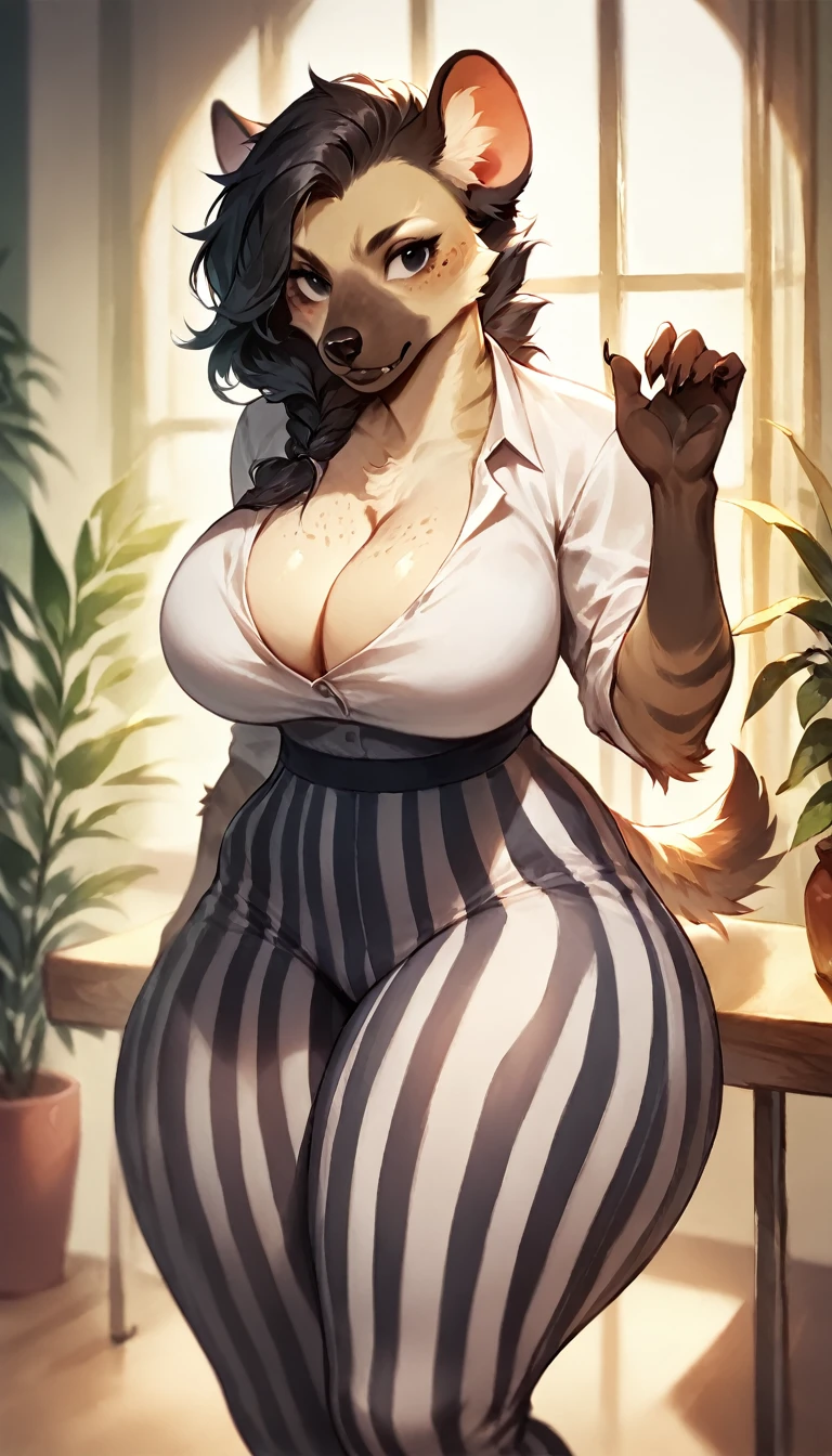 score_9, score_8_up, score_7_up, score_6_up, score_5_up, score_4_up, (solo), female anthro hyena, secretary clothes, striped yoga pants, lusty, fluffy body, black hair, freckles, freckles on face, black eyes, (thick thighs:1.5)((( offering the breasts))) sex partial clothes, (((cleavage))) semi-butonned uniform niform, (barely_visible_booba) (she is standing) , giant breasts, front view