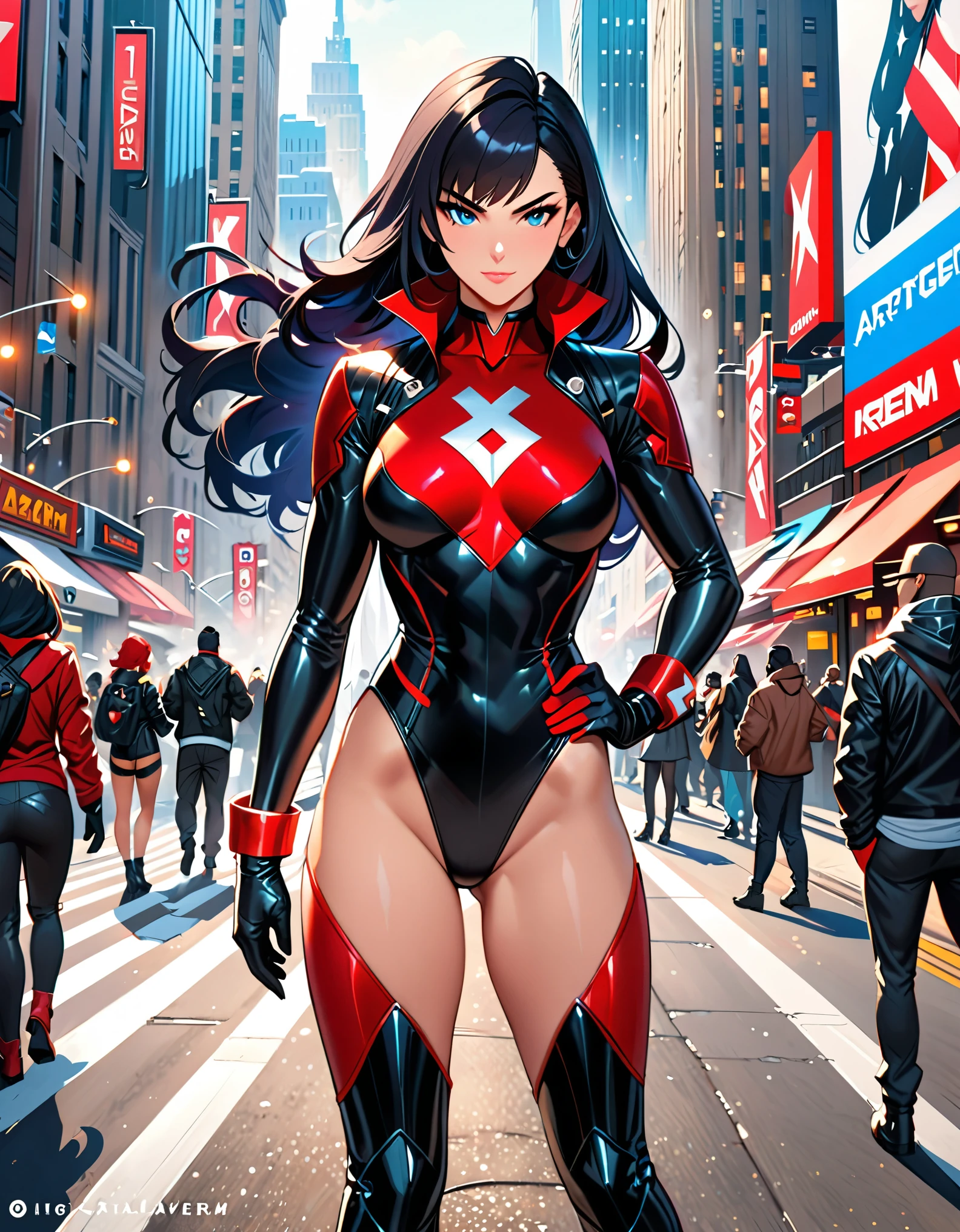 anime girl in a red and black suit standing on a city street, extremely detailed artgerm, style artgerm, style ivan talavera and artgerm, krenz cushart and artgerm, range murata and artgerm, artgerm style, in the style artgerm, ig model | artgerm, artgerm detailed, black hair, long hair, medium hair, blue eyes, (leotard), bare legs, matching boots and gloves, superhero, bracelets, solo, solo focus, (silver (v) (symbol) on chest).