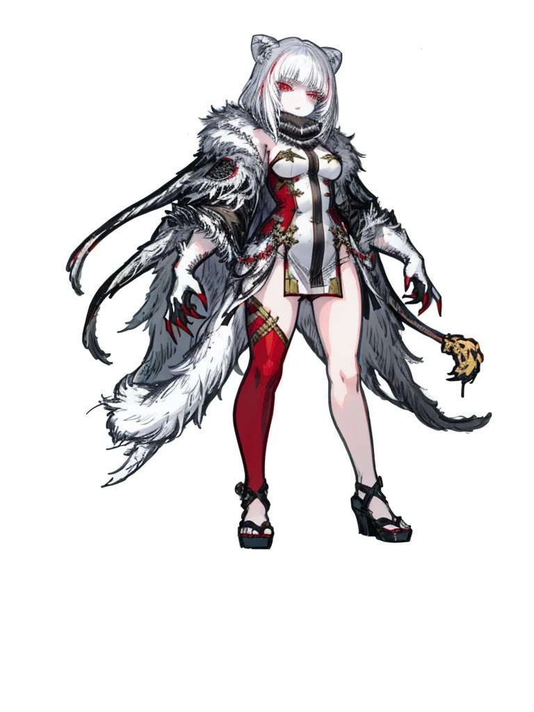 1girl ,white hair,red eyes, pale fur beast, polar, nice clothes,red claws, (high resolution, high detail, best quality), angry