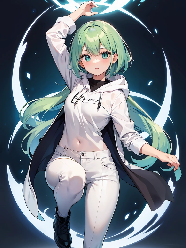 Masterpiece,High quality,(Full body 1.2),Animated standing portrait, black half pants and white hoodie,(green hair 1.4),Anime girl with short green hair and green eyes,(detailed eyes 1.6),(clear eyes 1.4),(beautiful eyes 1.4),(shining eyes 1.4),White cyan, green hair, detailed Key Animated Art, Animated Portrait, shining eyes, girl with blue hair, light blue hair, black half pants, white stockings, thighs, 4K