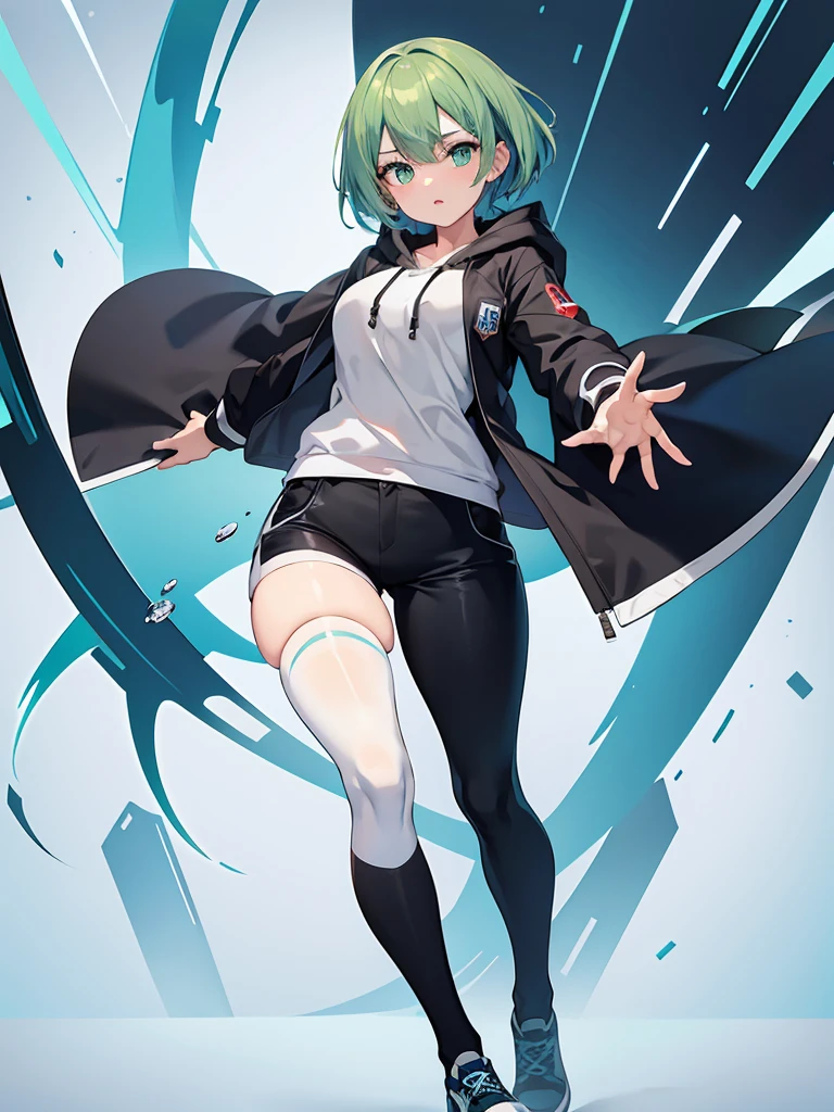 Masterpiece,High quality,(Full body 1.2),Animated standing portrait, black half pants and white hoodie,(green hair 1.4),Anime girl with short green hair and green eyes,(detailed eyes 1.6),(clear eyes 1.4),(beautiful eyes 1.4),(shining eyes 1.4),White cyan, green hair, detailed Key Animated Art, Animated Portrait, shining eyes, girl with blue hair, light blue hair, black half pants, white stockings, thighs, 4K