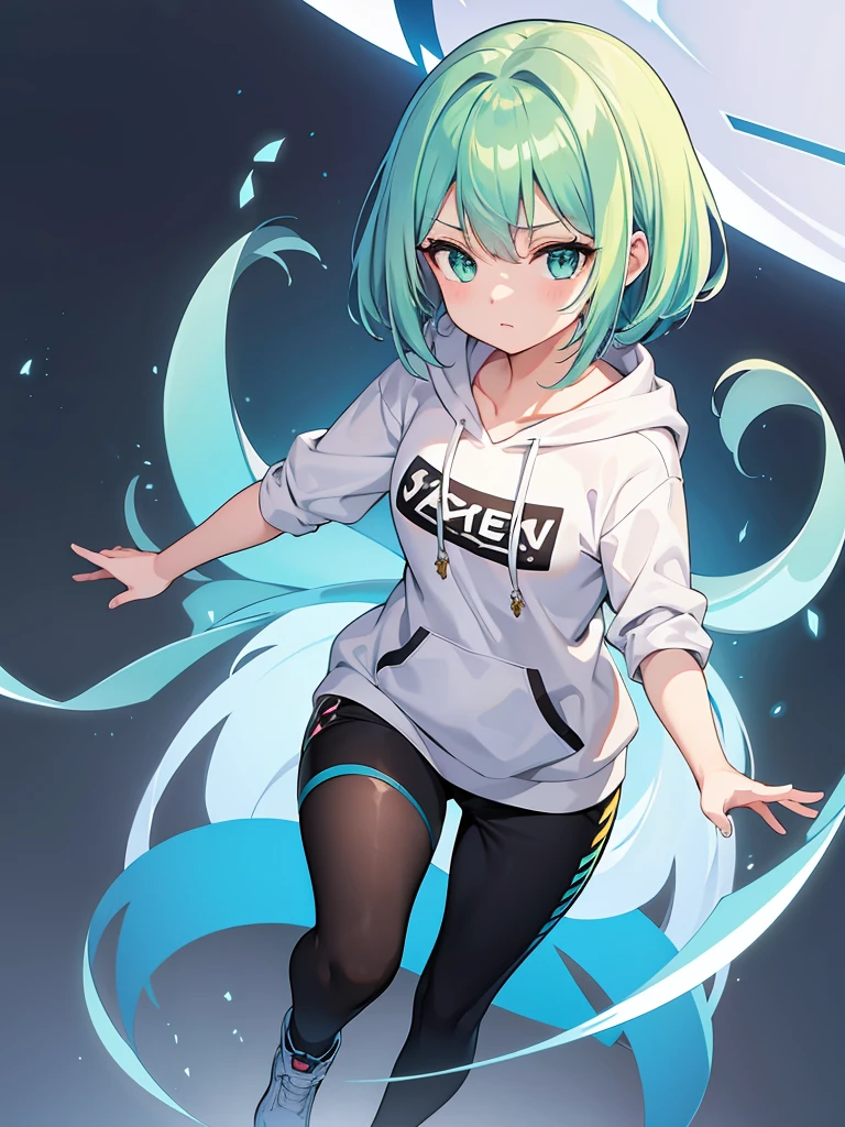 Masterpiece,High quality,(Full body 1.2),Animated standing portrait, black half pants and white hoodie,(green hair 1.4),Anime girl with short green hair and green eyes,(detailed eyes 1.6),(clear eyes 1.4),(beautiful eyes 1.4),(shining eyes 1.4),White cyan, green hair, detailed Key Animated Art, Animated Portrait, shining eyes, girl with blue hair, light blue hair, black half pants, white stockings, thighs, 4K