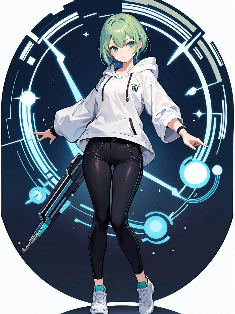 Masterpiece,High quality,(Full body 1.2),Animated standing portrait, black half pants and white hoodie,(green hair 1.4),Anime girl with short green hair and green eyes,(detailed eyes 1.6),(clear eyes 1.4),(beautiful eyes 1.4),(shining eyes 1.4),White cyan, green hair, detailed Key Animated Art, Animated Portrait, shining eyes, girl with blue hair, light blue hair, black half pants, white stockings, thighs, 4K