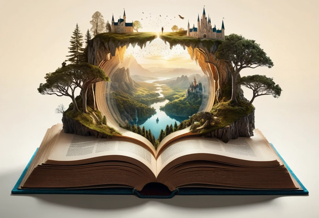 Hyperreal digital art style, "Fairytale", fantasy world coming out of centered book, open book, hyperdetailed double exposure fantasy illustration, masterpiece, cinematic, by Andreas Lie, Luke Gram, photorealism, backlit, gorgeous light