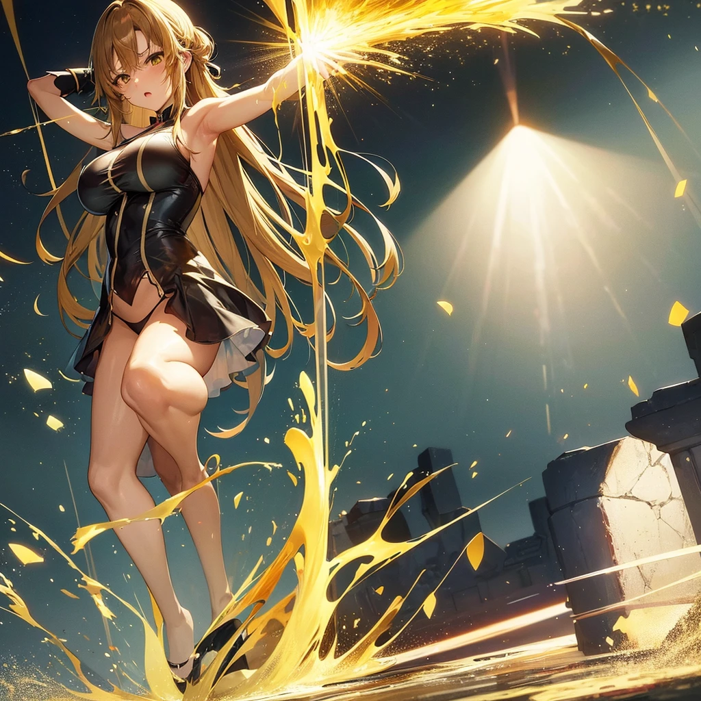 Erotic anime images. Super high quality. Asuna, SAO. beautiful woman with big breasts. She is in a dress with transparent skin. Skin transparent black underwear. Angry face. Pose to slap. Yellow liquid is dripping from her crotch.