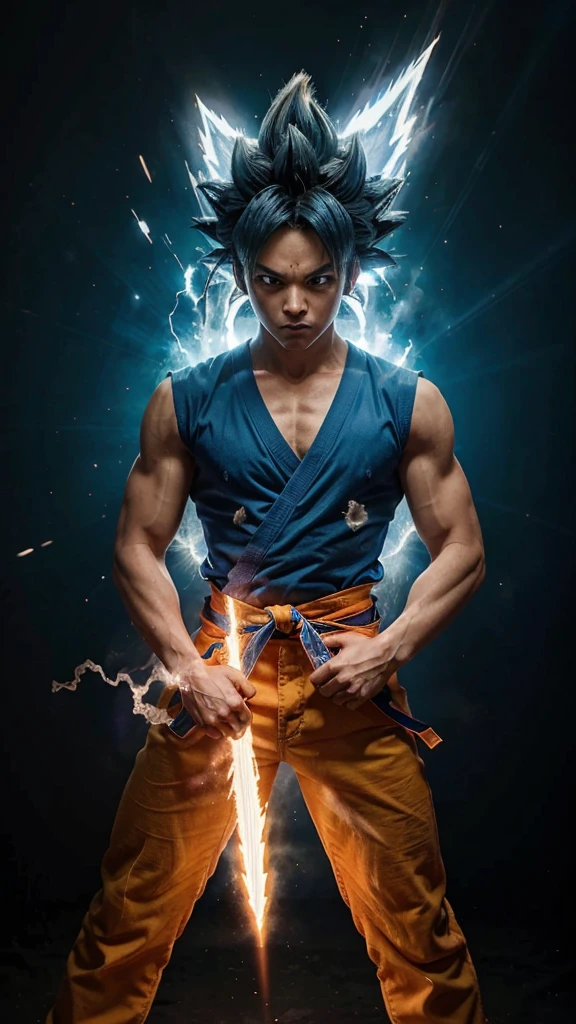 Goku in his Super Saiyan Blue form. Her hair is bright blue and spiky, and it bristles on the top of his head. His eyes are blue and full of determination. Goku wears his signature orange gi, that is torn and wrinkled from battles. He wears a blue belt around his waist. He has a muscular and lean physique, with a well defined body. Stands with legs slightly apart, and his fists are clenched. The background is a clear blue sky, with a blue and white aura emanating from Goku. Goku is looking to the left of the image, With a serious expression on his face. He seems ready to fight.