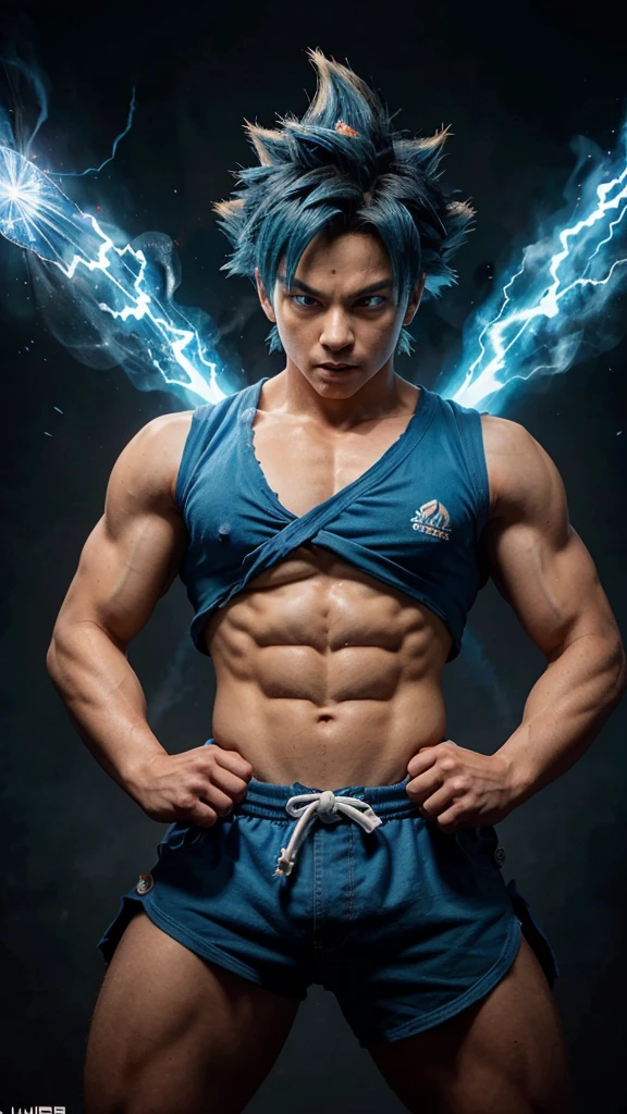 Goku in his Super Saiyan Blue form. Her hair is bright blue and spiky, and it bristles on the top of his head. His eyes are blue and full of determination. Goku wears his signature orange gi, that is torn and wrinkled from battles. He wears a blue belt around his waist. He has a muscular and lean physique, with a well defined body. Stands with legs slightly apart, and his fists are clenched. The background is a clear blue sky, with a blue and white aura emanating from Goku. Goku is looking to the left of the image, With a serious expression on his face. He seems ready to fight.