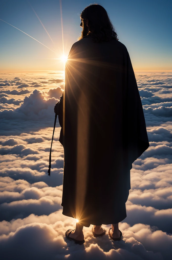 Silhouette of Jesus above the clouds in great glory 