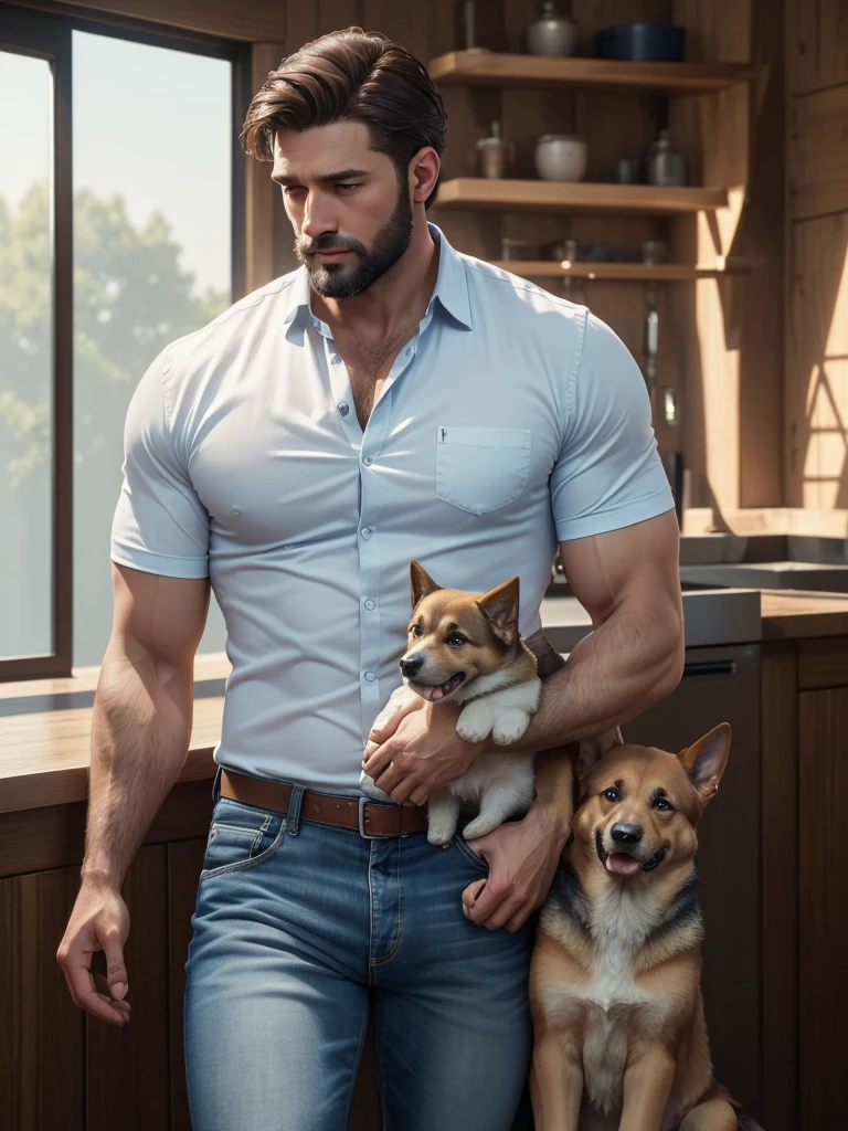 best quality, cinematic lighting,
40 years old chubby daddy, crew cut hair, short beard,  extremely handsome, deep blue eyes , Round face, thick body, (perfect body proportions : 1.2),
the daddy hugging a white dog, the dog is Golden Retriever, looking at the dog,