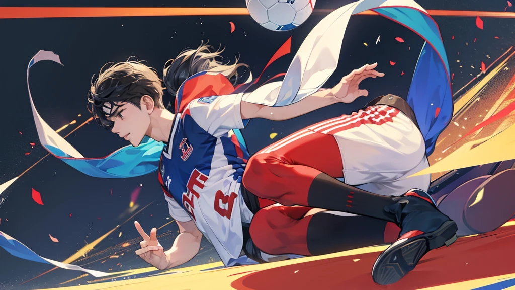 un jeune footballeur japonais manche lonc chaussete courte qui joue à Hambourg en allemagne il porte le numero 7 il drible un defensseur de dortemound comme neymare