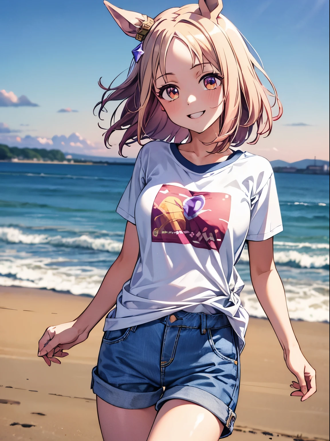 narita top road \(umamusume\), 1 girl, Solo, Cute Girl,Best Quality, Ultra-detailed, 8K, High resolution, detailed face, smile, T-shirts, short pants, legs, denim pants, on the beach, summer,