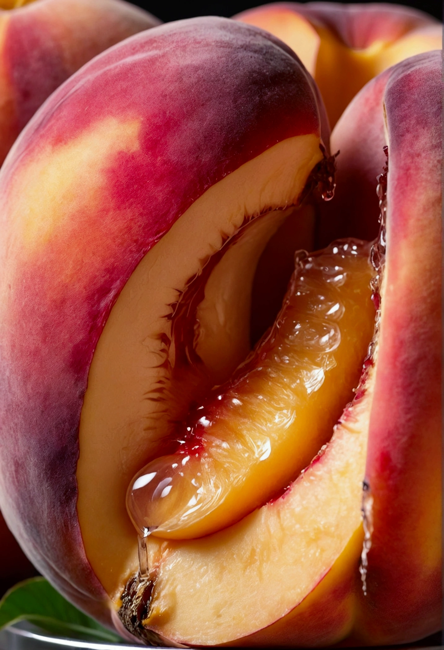 fruit,Sensual pink peach close-up、Cuts that resemble downy hair or female genitalia。Juice dripping from the fillet。