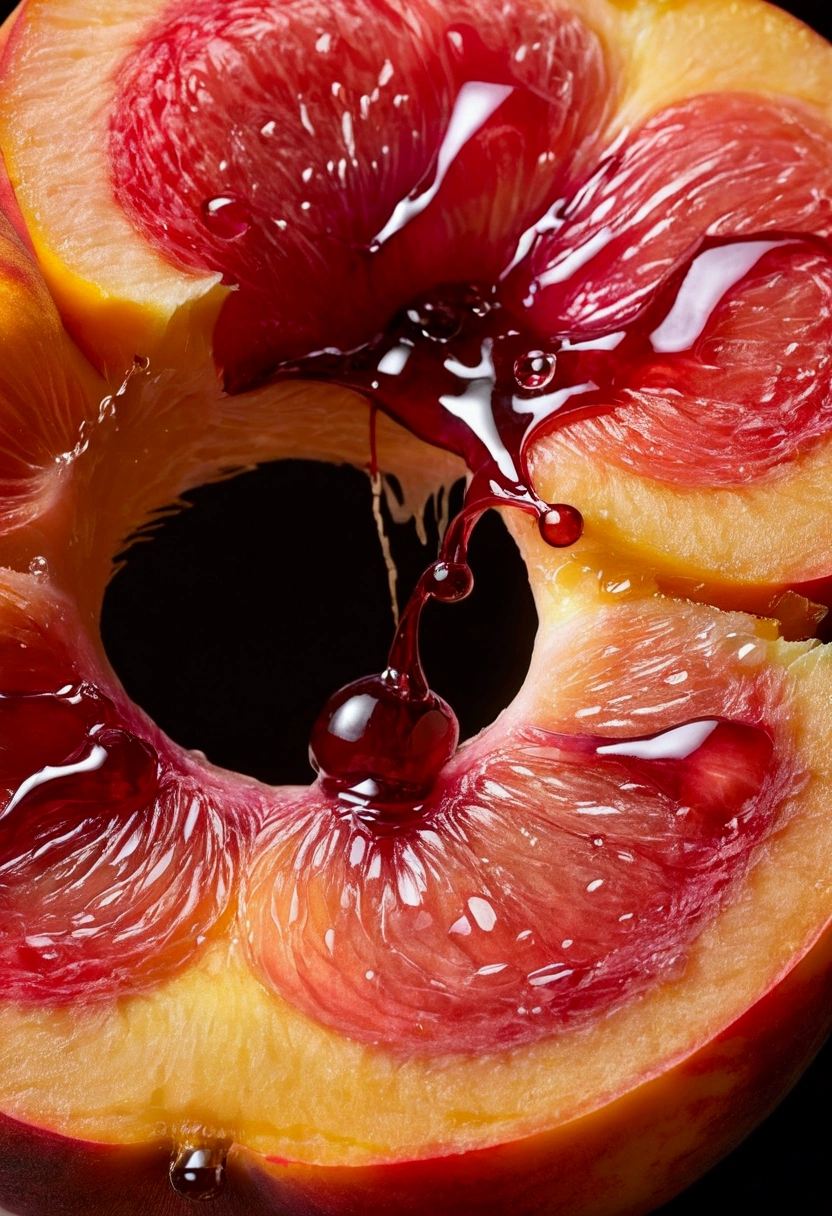 Sensual pink peach close-up、Cuts that resemble downy hair or female genitalia。Juice dripping from the fillet。