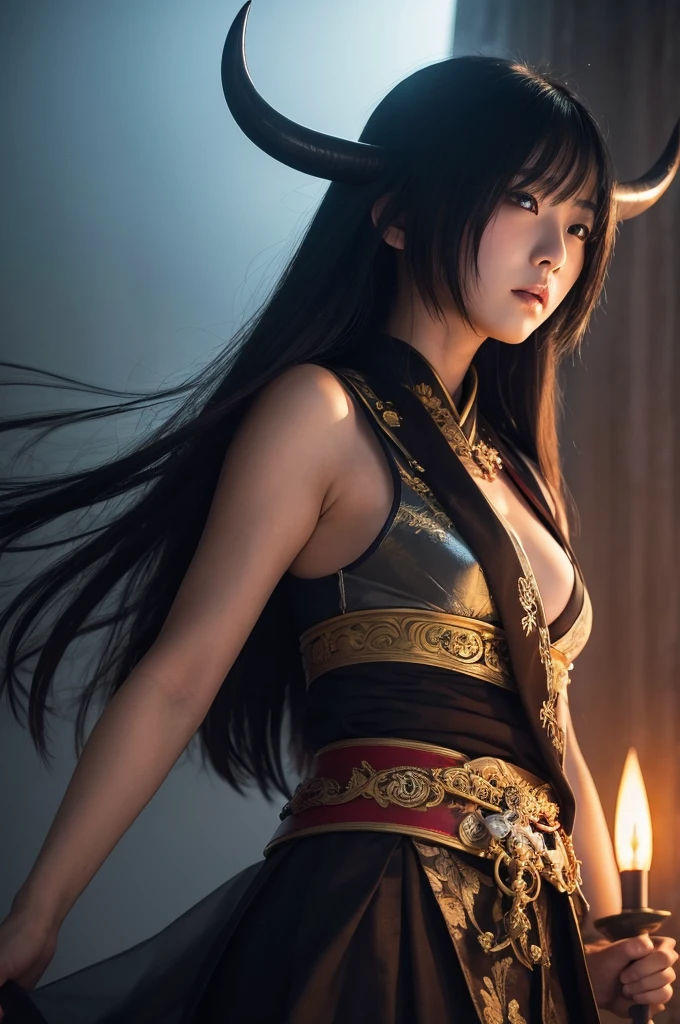 Low - Angle、Highest quality,Very exquisite Japanese beautiful girl demon、Heroine of Justice、Thick fog of darkness