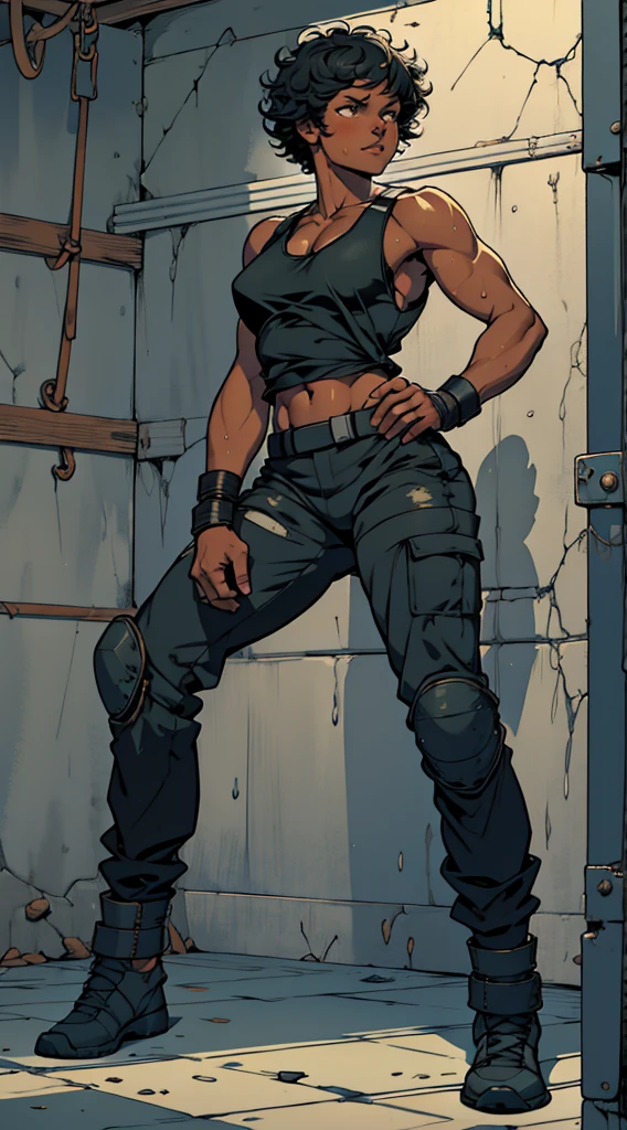 Eating, 40 year old black African woman short curly hair. defined body. defined abs. wearing a black cropped tank top and military pants. He has a black eye. is trapped in a cell. hands behind the back. surrounded by soldiers. is leaning against the bars of the cell. handcuffed at the wrists. scar face. kneeling on the floor in the corner. dripping sweat. It's night. art drawing. full body image. HQ