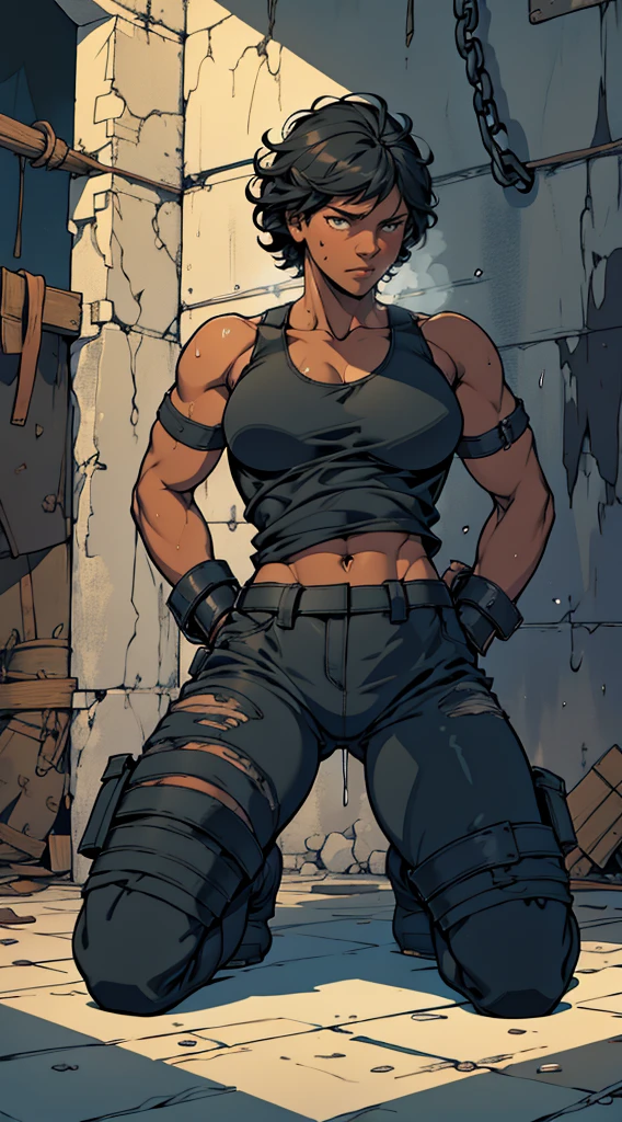 Eating, 40 year old black African woman short curly hair. defined body. defined abs. wearing a black cropped tank top and military pants. He has a black eye. is trapped in a cell. hands behind the back. surrounded by soldiers. is leaning against the bars of the cell. handcuffed at the wrists. scar face. kneeling on the floor in the corner. dripping sweat. It's night. art drawing. full body image. HQ