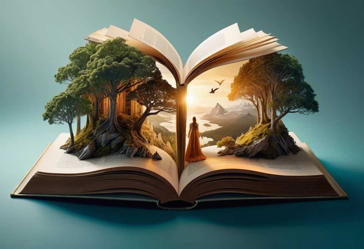 Hyperreal digital art style, "Fairytale", fantasy world coming out of centered book, open book, hyperdetailed double exposure fantasy illustration, masterpiece, cinematic, by Andreas Lie, Luke Gram, photorealism, backlit, gorgeous light
