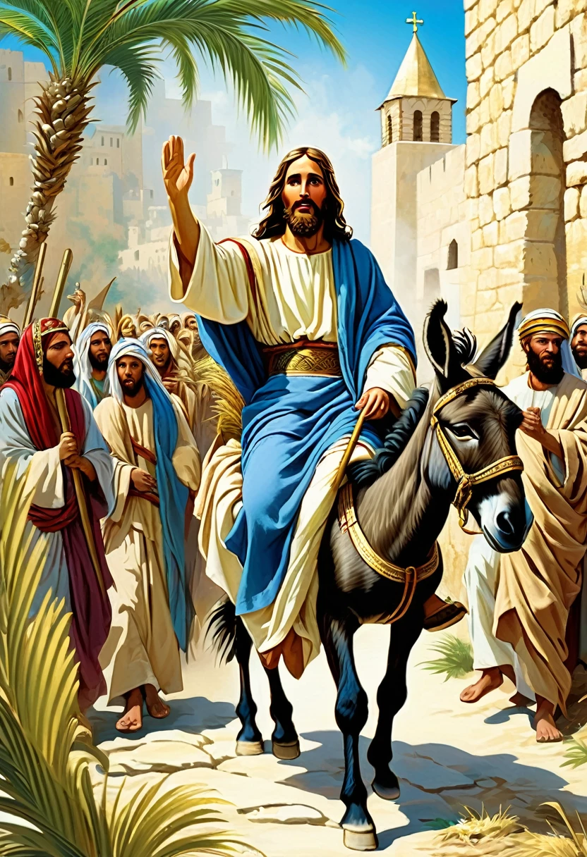 3975186148 Jesus Christ is entering Jerusalem. Jesus is riding on a donkey. The crowd is applauding. There are palm leaves on the path. Jesus is wearing loose clothing typical of biblical times, with a blue belt.