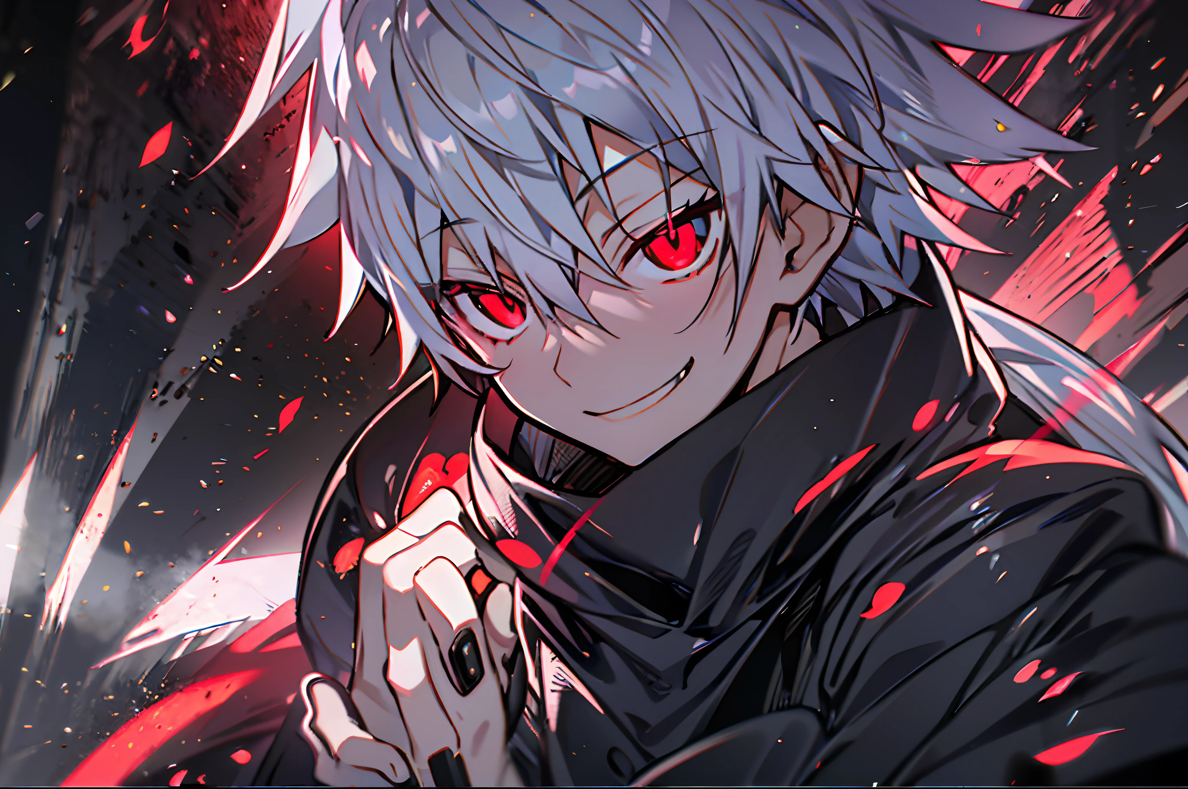 high resolution,point-blank、Anime boy with white hair and red eyes looking at camera, eerie glowing red eyes,Scrawny, dressed in a black outfit,Shadow Body,white-skinned,monochrome,Messy hair,Grinning、Diagonal angle