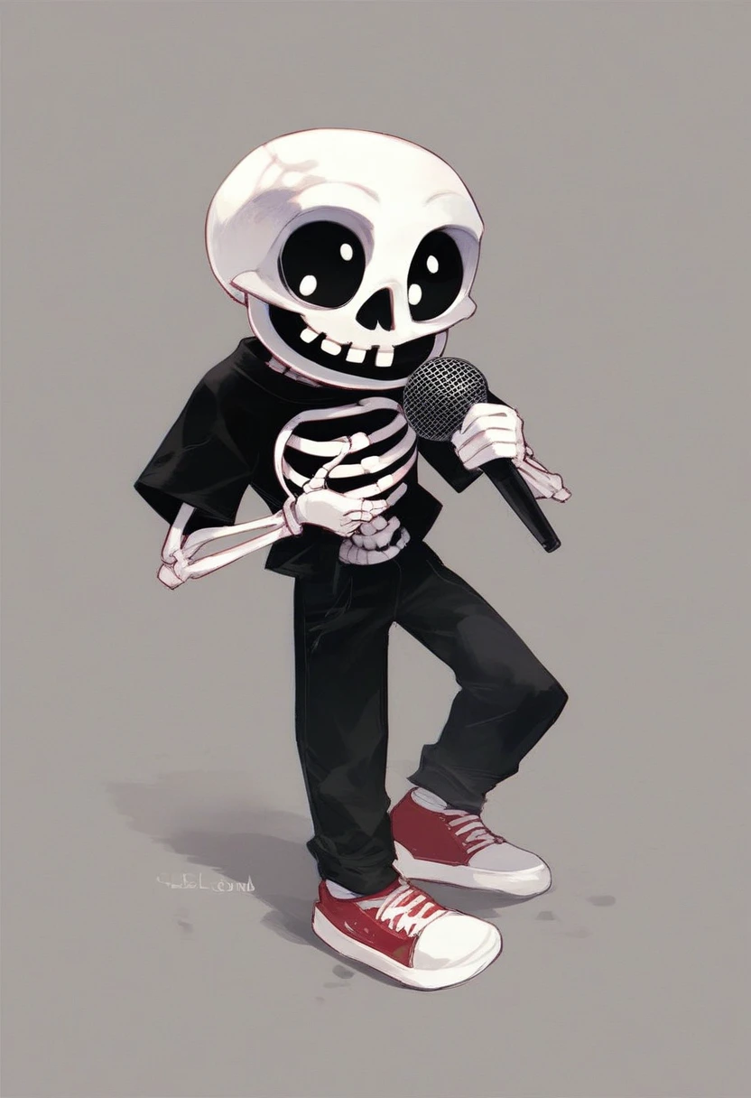 kid, solo, simple background, full body, black eyes, 1boy, white skeleton costume head, black skeleton shirt, white circle gloves, black skeleton pants and shoes, microphone, holding microphone, short, costume, white pupils