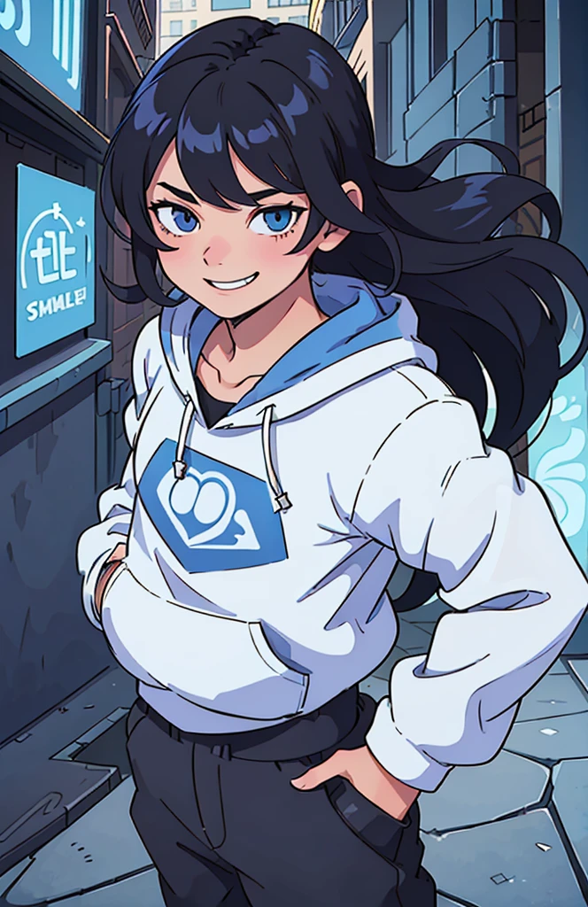 (Best Quality:0.8) perfect anime illustration, a smiling and mocking, Mischievous male with tousled and curly black hair, triangular marks in La Mejía, blue eyes, in city alley, wearing a white hoodie.