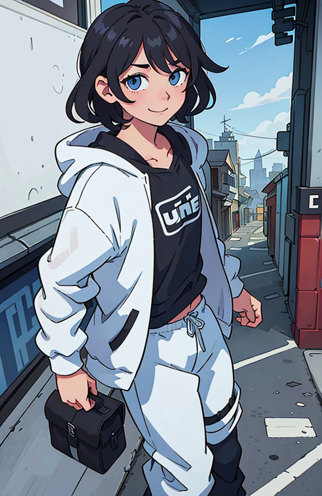 (Best Quality:0.8) perfect anime illustration, a smiling and mocking, Mischievous male with tousled and curly black hair, triangular marks in La Mejía, blue eyes, in city alley, wearing a white hoodie.