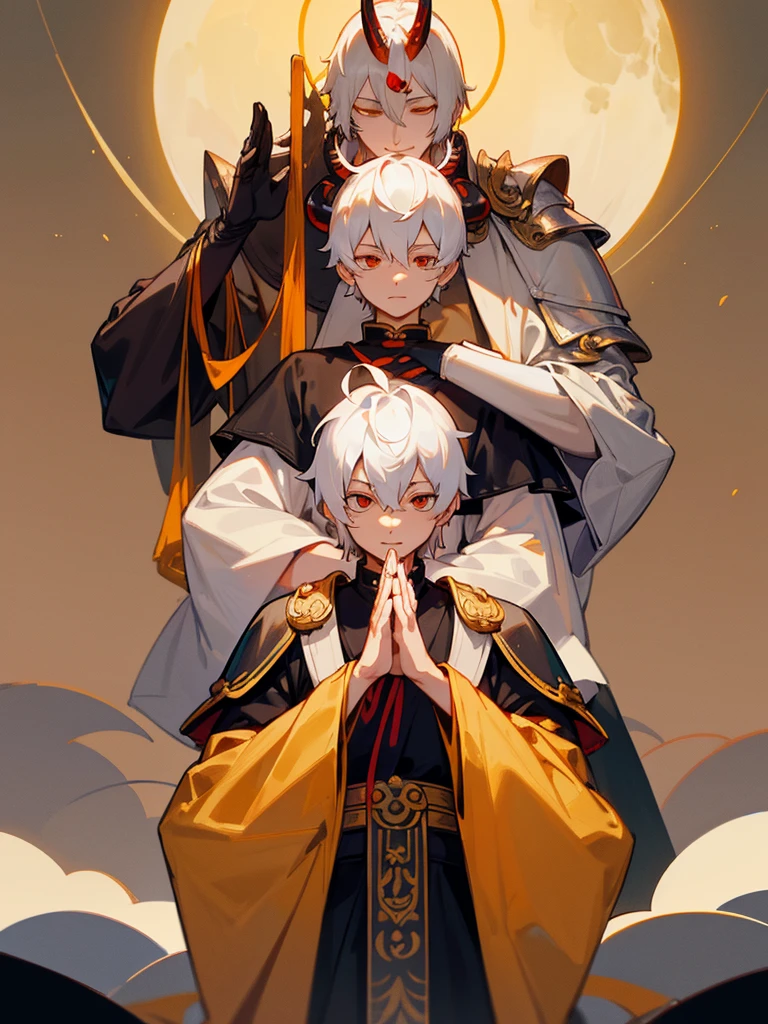 Buddha, evil eye, horn, white short hair, black armor,, man, full moon, hands together in prayer, Zen meditation Torii Buddha Crazy eyes Horns White short hair Black armor Male Full moon Prayer hands Zen meditation Golden lion Torii