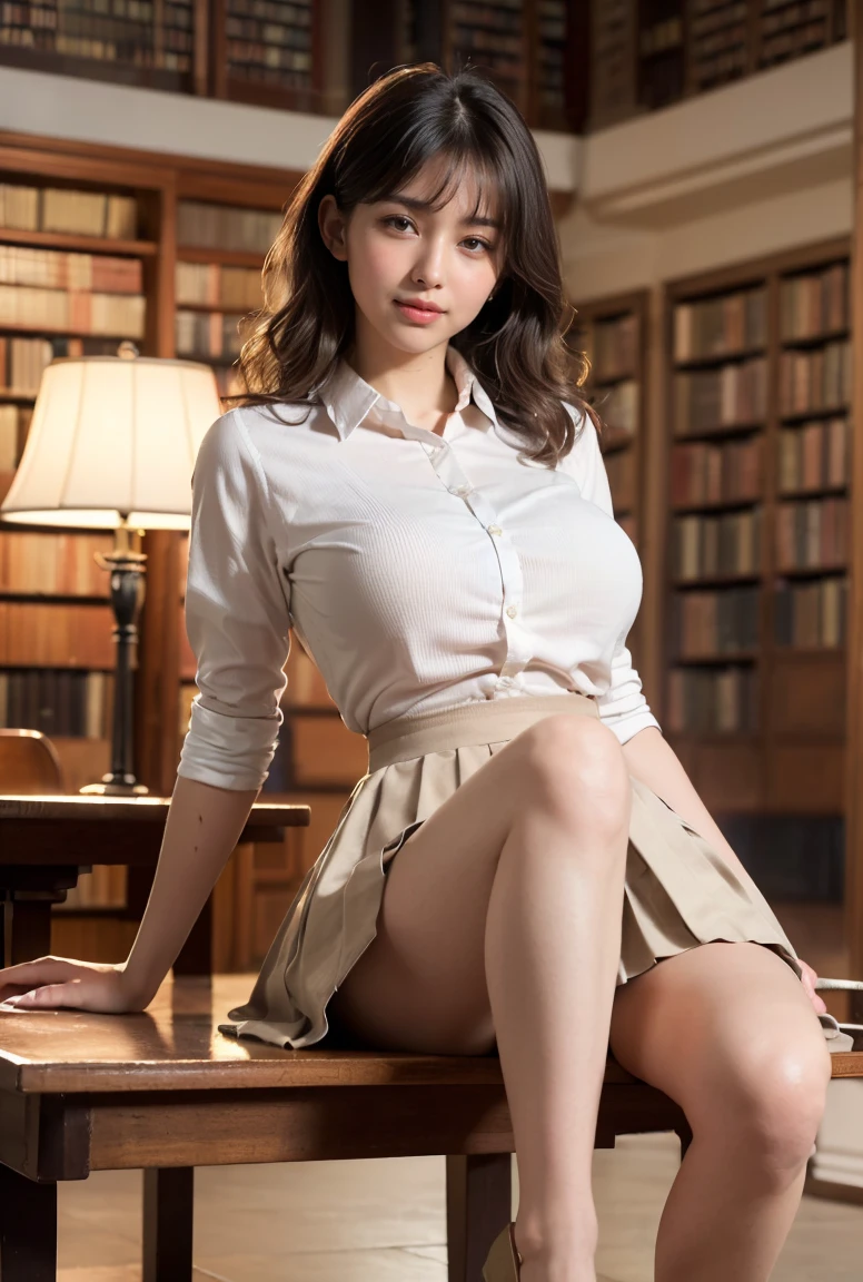 (((neat woman, perverted:1.9,hand on mouth,deep make up:1.8,touch own nipples over clothes:1.9,little pussy juice:1.9))),(((sitting down on the long bench,from below,arched back,huge breasts:1.8,kind smile:1.8,blush:1.8,deep cheek:1.8))),please touch me,eat me,tempting viewer,i want you))),(((blush,blush,deep cheek,deep cheek)))),(cinematic lighting), (Photo real:1.4)、(A hyper-realistic:1.4)、(Photorealistic:1.3)、 (gentle lighting: 1.05)、(Improve the lighting quality of your video:0.9)、 32k、25years old woman、photorealistic lighting、Back lighting、Facial Lights、Ray Trace、(bright:1.2)、(Increase quality:1.4)、 (best quality real texture skin)、Fair eyes,delicate face、 Close-up of the face, ((((Wearing the white collared-shirts,pleated beige skirt,high-heel:1.4))),(Bodyline mood improvement:1.1)、Glossy skin、good figure,perfect anatomy,Beautiful actress,(((beautiful huge soft breasts:1.8,huge breasts,slender waist,slender hip,long slender legs,8heads tall))),(((8heads tall))),(((brown wavy midium hair,bangs))),(((sweat skin,shiny skin,in the beautiful library,super clean night view,in the night))),