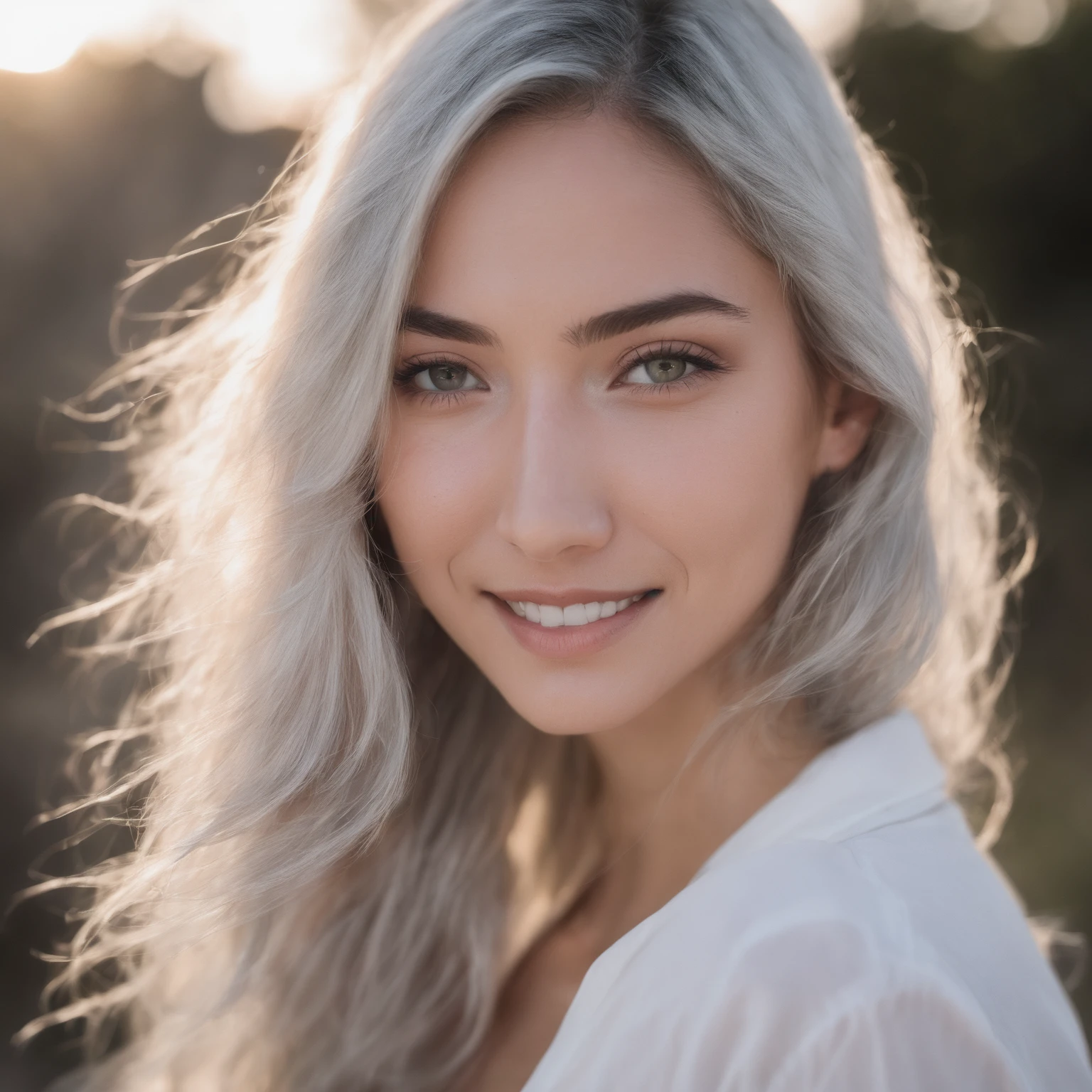 A close-up of a woman with long hair and a white shirt, inspired by Gloria Muñoz, close your face, Perfect white hair girl, half body headshot, perfectly illuminated face, Kailee Mandel, Charli Bowater, perfect face closeup, gray contacts, stunning closeup, beautiful smile, soft portrait 8k