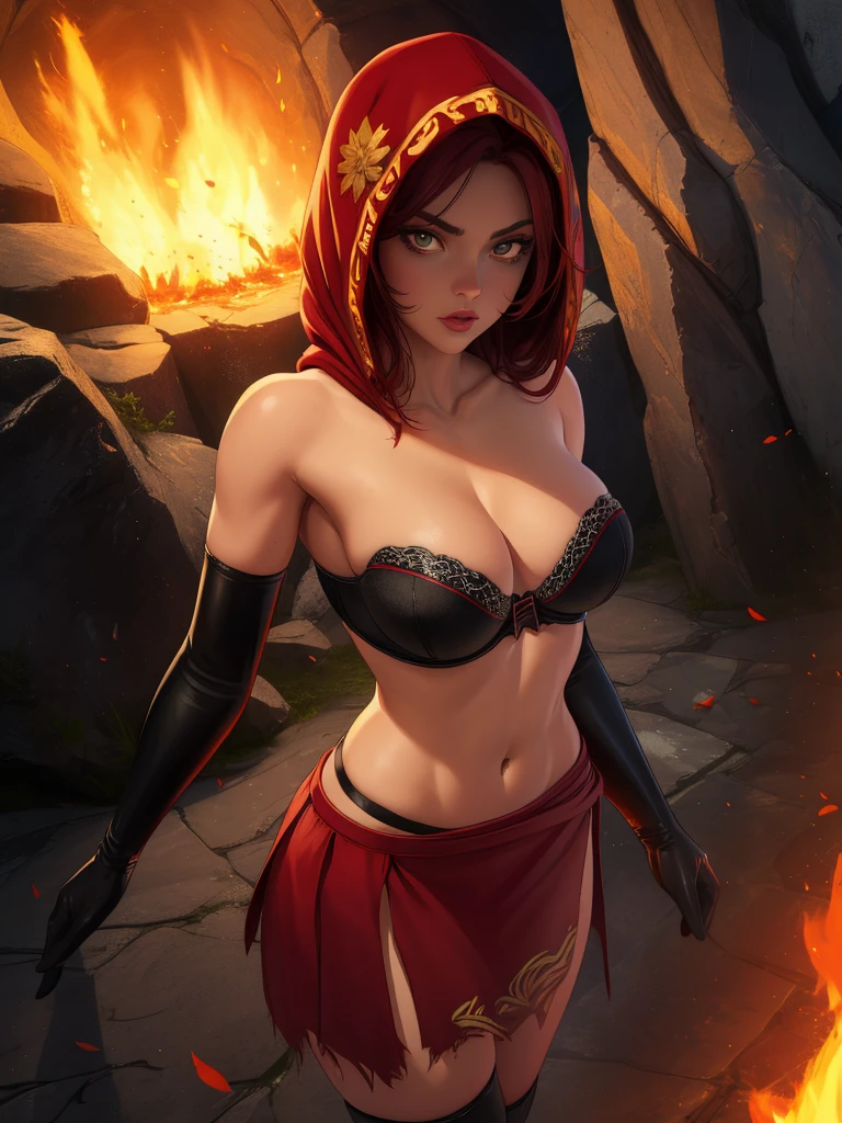 Dsorceress, redhair, shadowy face,dark cave, fire, hood, shadowed face, strapless bra, slim and athletic body, miniskirt, no panty, elbow gloves, dark skin, 1 girl (insanely detailed, masterpiece, best quality)