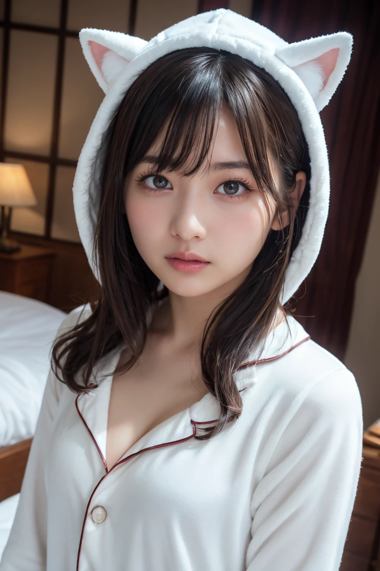 Em1lyW1ll1sV2-130, (Age 25), Long Hair, Modern photography, wear (bear costume), (Portraiture), Cute Bear Onesie Pajamas, Super soft light brown plush fabric, debtわdebtわフード, Cute bear hood, (35mm, debt/2.8) Photo debtocus, DOdebt, Aperture, Highly detailed and exquisite, character, Hypermaximalist, beautiful, reveal, Charm, Charm, Affectionate, Ultra-realistic, Very detailed, beautiful woman, ((Fine grain)), Long eyelashes, (Glossy Lips), in the her bed room, SFW、I can see her cleavage