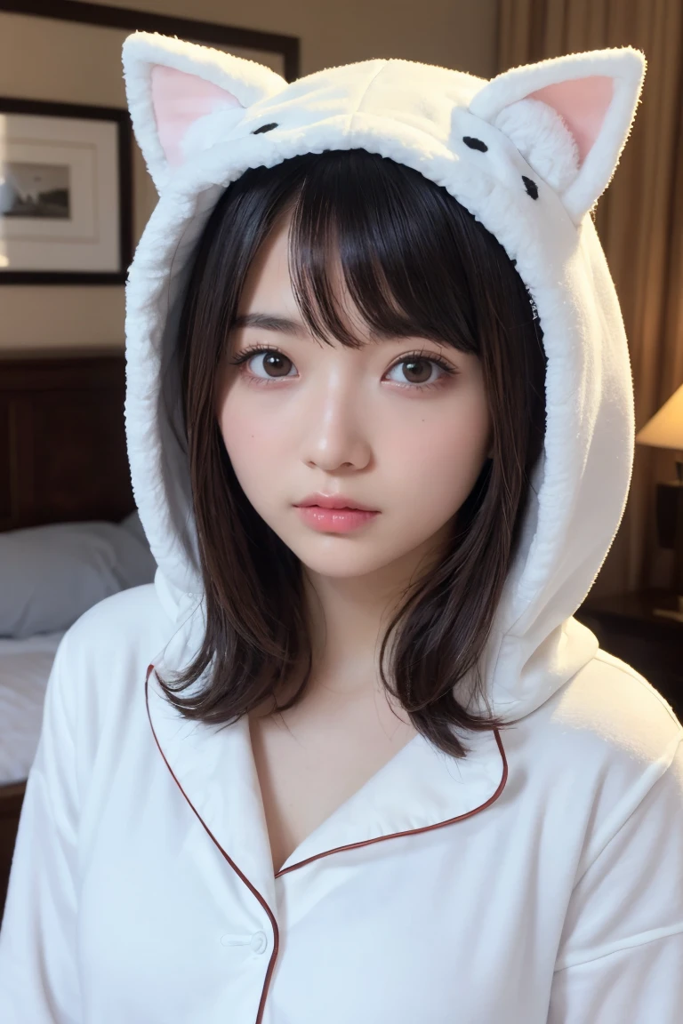 one girl, (a beauty girl, delicate girl:1.3), (Age 25:1.3),
break, (White fluffy kigurumi pajamas, Cat costume:1.2), (Upper Body:1.2),
break, Definition of very fine particles, (Symmetrical eyes:1.3),
break, (Bedroom:1.3), 
break, Small breasts, Brown eyes, Parted bangs, Brown Hair,  girl,
break, (Eye and facial details:1.0),
break, (masterpiece, Highest quality, Very detailed, Detailed face, 8K)、Upper Bodyは裸、Nipples sticking out
