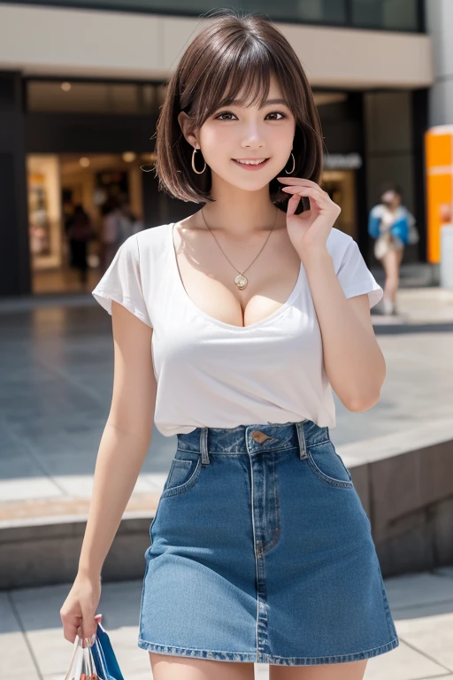girl, White skin, ((Dark brown short tiered hair)), V cut with layers and bangs, Brown eyes, Soft atmosphere characteristics (Highest quality, Ultra-high resolution, 8K, RAW Photos, Ultra-high resolution: 1.2, masterpiece: 1.3), (Realistic, Realistic: 1.37), Very detailed, Professional Lighting, Photon Mapping, Radio City, 物理ベースレンダring, One Girl, (high school girl), Sharp focus:1.2、Beautiful woman:1.4,cute, Nice, Adorable smile, Normal chest, Cross Necklace、Earrings、ring,(Cleavage)、((Dark brown short hair),(Shopping mall, Clothing store, colorful t-shirt, Denim skirt, Shopping bag, A happy look)