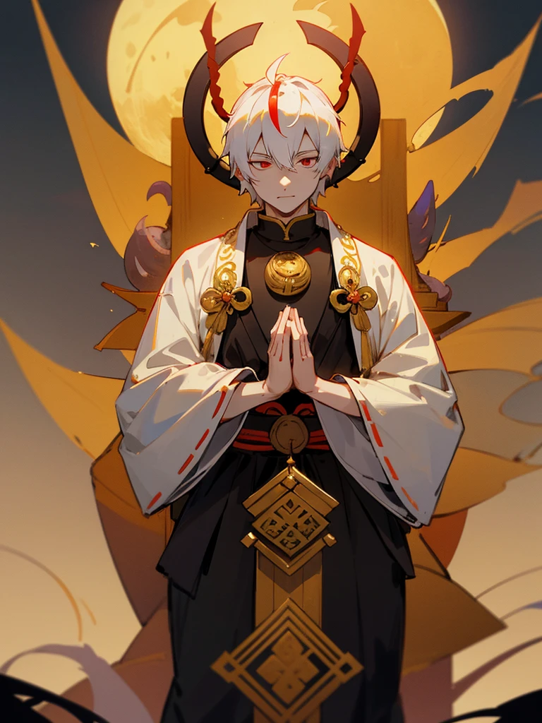 Buddha, evil eye, horn, white short hair, black armor,, man, full moon, hands together in prayer, Zen meditation Torii Buddha Crazy eyes Horns White short hair Black armor Male Full moon Prayer hands Zen meditation Golden lion Torii