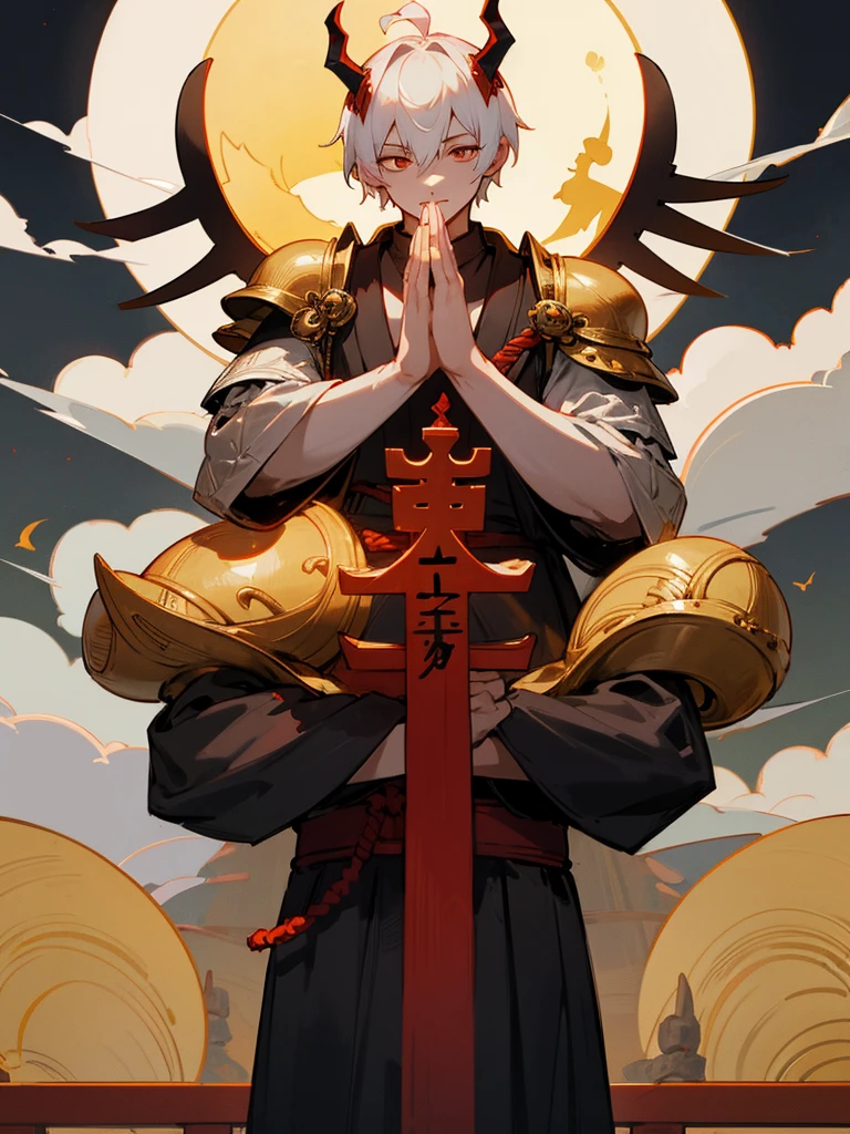 Buddha, evil eye, horn, white short hair, black armor,, man, full moon, hands together in prayer, Zen meditation Torii Buddha Crazy eyes Horns White short hair Black armor Male Full moon Prayer hands Zen meditation Golden lion Torii