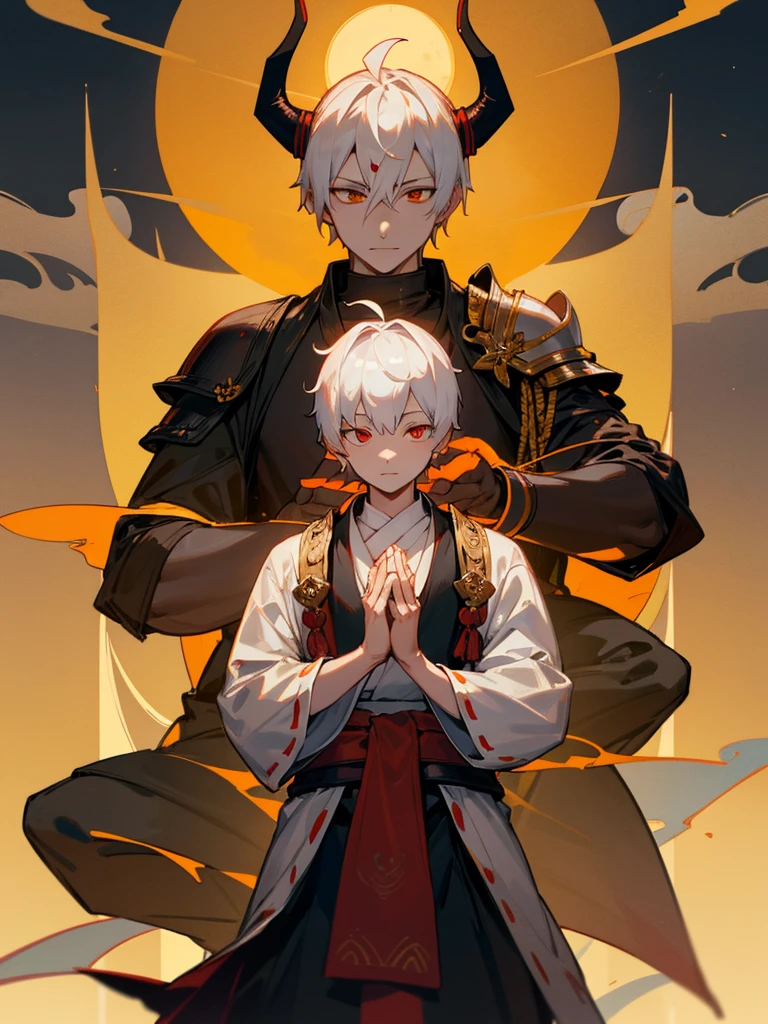 Buddha, evil eye, horn, white short hair, black armor,, man, full moon, hands together in prayer, Zen meditation Torii Buddha Crazy eyes Horns White short hair Black armor Male Full moon Prayer hands Zen meditation Golden lion Torii