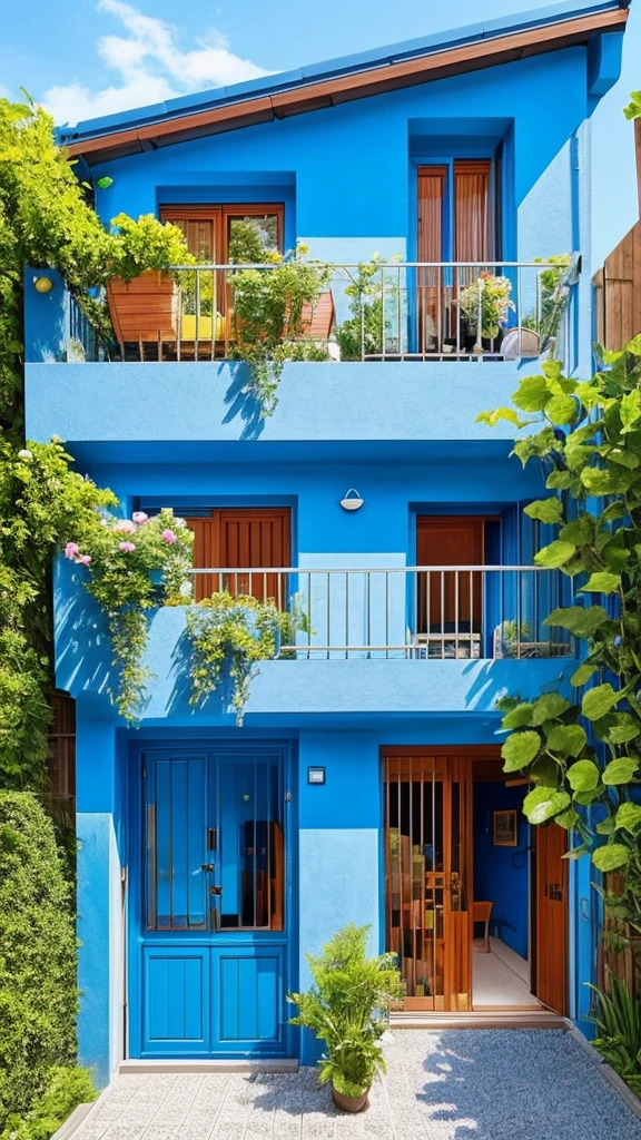 Blue house with a balcony and garage below, a swimming pool and a garden, with a dog and children playing