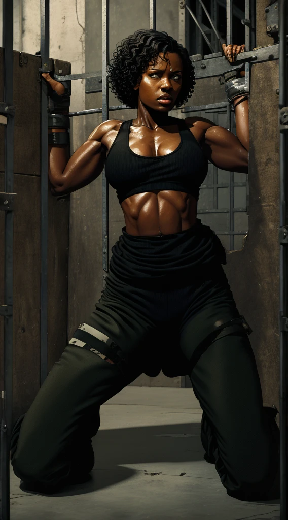 Eating, 40 year old black African woman short curly hair. defined body. defined abs. wearing a black cropped tank top and military pants. He has a black eye. is trapped in a cell. hands behind the back. surrounded by soldiers. is leaning against the bars of the cell. handcuffed at the wrists. scar face. kneeling on the floor in the corner. dripping sweat. It's night. art drawing. full body image. HQ