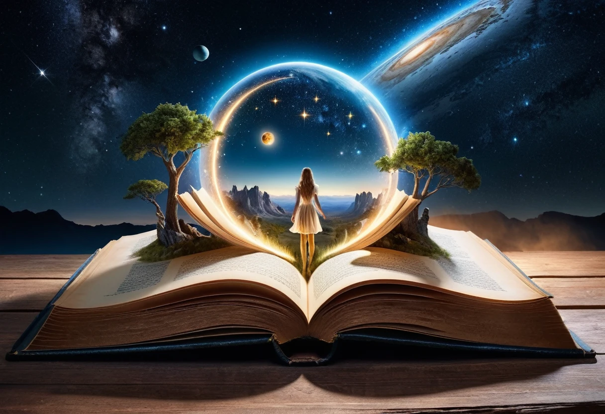 Hyperrealistic style of digital art, "Fairy Tale", a fantastic world coming out of a book in the center, an open book, a fantasy illustration with double exposure, a masterpiece, cinematic, against the background of a starry sky with planets Andreas Lee, Luke Graham, photorealism, illumination, magnificent light