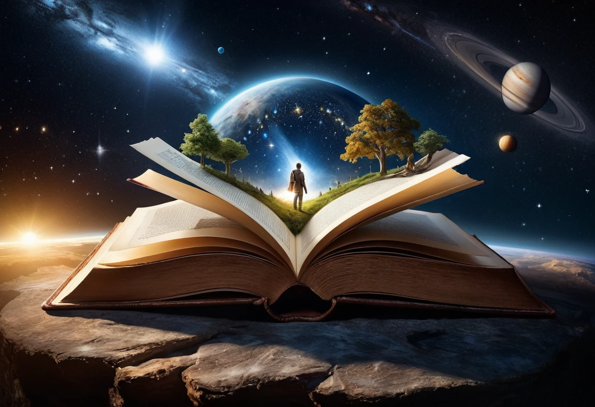 Hyperrealistic style of digital art, "Fairy Tale", a fantastic world coming out of a book in the center, an open book, a fantasy illustration with double exposure, a masterpiece, cinematic, against the background of a starry sky with planets Andreas Lee, Luke Graham, photorealism, illumination, magnificent light