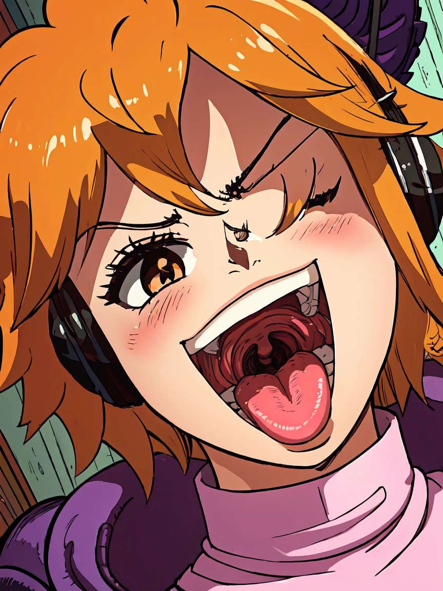 masterpiece, ((ultra detailed background, delicate pattern, intricate detail)), (highly detailed, fine details), best quality, beautiful lighting, ((medium breasts, slim girl)), 1girl, Lilith, ((mischievous smile)) ,(bangs covering one eye), ((light ginger hair)),headphones, (brown eyes), dark-purple jacket,(pink bodysuit, (close-up, portrait), blush, open mouth, big mouth, tongue, tongue out, close up, saliva, uvula, uvula, room, mouth focus, excessive saliva, hair one eye covered, room, indoors, angry
