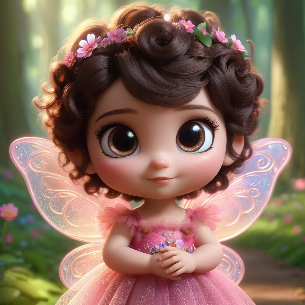 A little baby fairy pixar 3d the fairy has light skin brown eyes and dark brown curly hair, and with well-defined curls, short hair decorated with flowers, She is wearing a pink tulle fairy dress decorated with flowers, its wings are translucent pink and blue. The fairy is in a beautiful forest lit by sunlight, and appears full body
