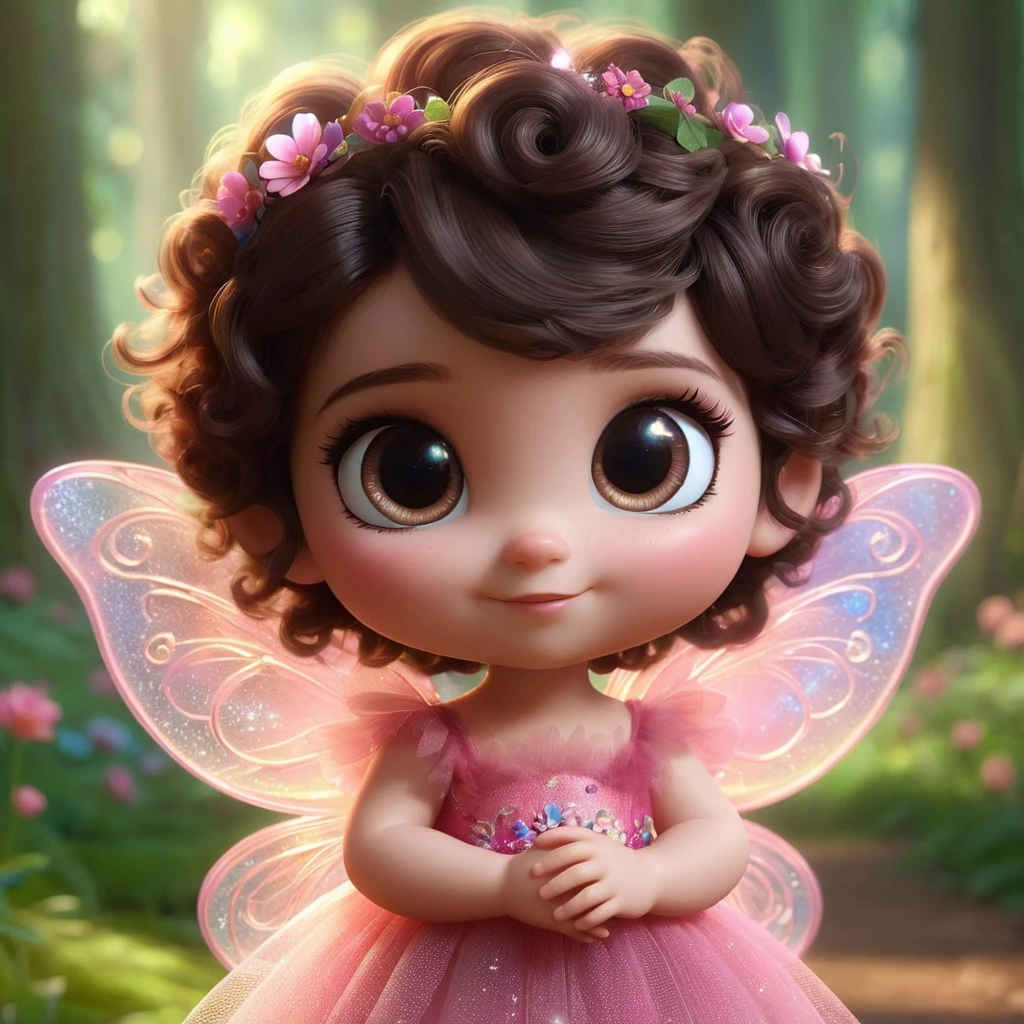 A little baby fairy pixar 3d the fairy has light skin brown eyes and dark brown curly hair, and with well-defined curls, short hair decorated with flowers, She is wearing a pink tulle fairy dress decorated with flowers, its wings are translucent pink and blue. The fairy is in a beautiful forest lit by sunlight, and appears full body