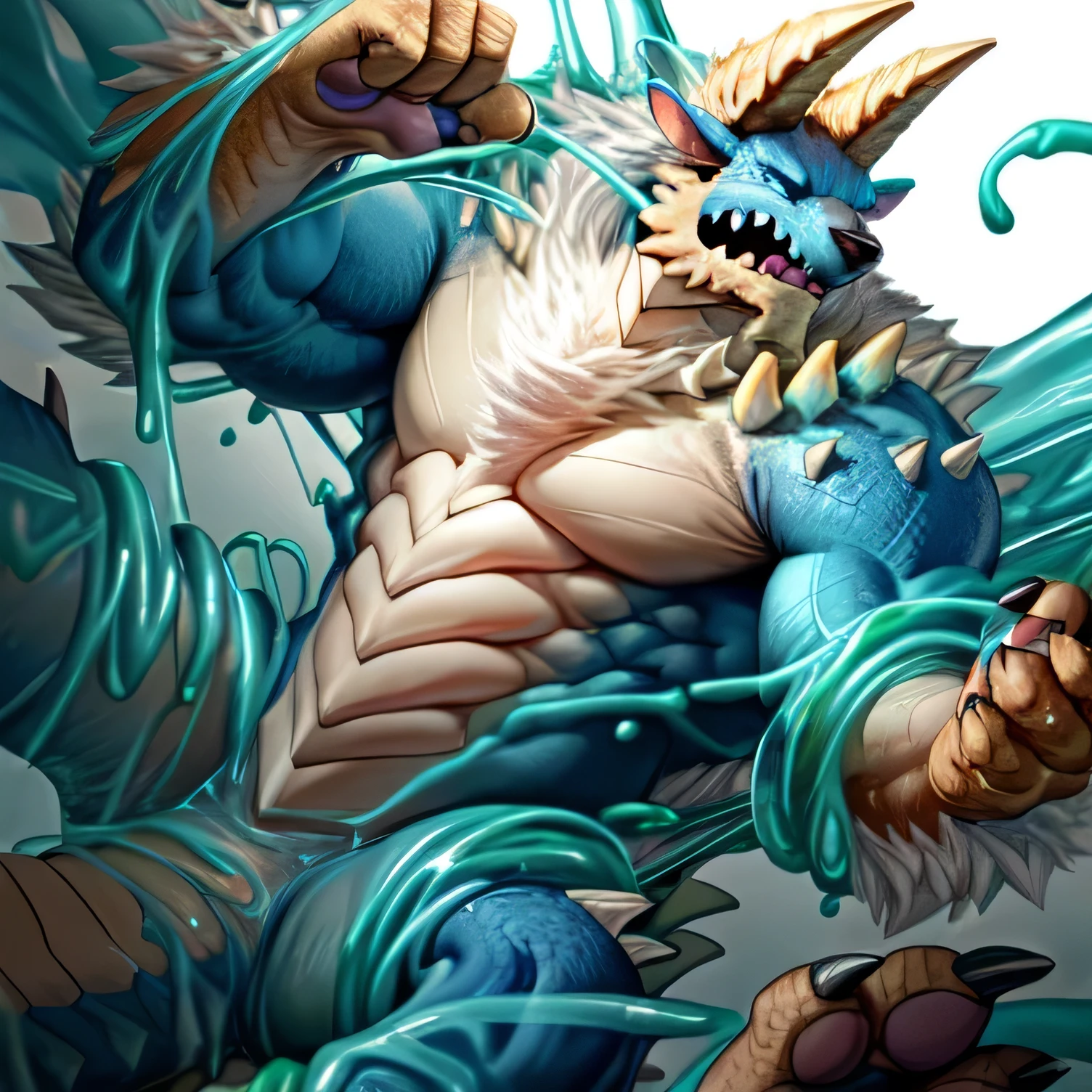 anthropology,(zinogre:1.2),Tail,((whole body,blue eyes, Blue body, White furry, Yellow Hand, Feet, Blue face,4 toes,Tail )),,muscular, whole body, (author:null-ghost,From raccoon21,masterpiece,high quality), Night Fight,((boundary)), rest (((Slime monster uses tentacles to fight dragon)),4 toes,struggle, (pain:1.3),frown,annoyed, Worry,full body,pawpads,((horns))