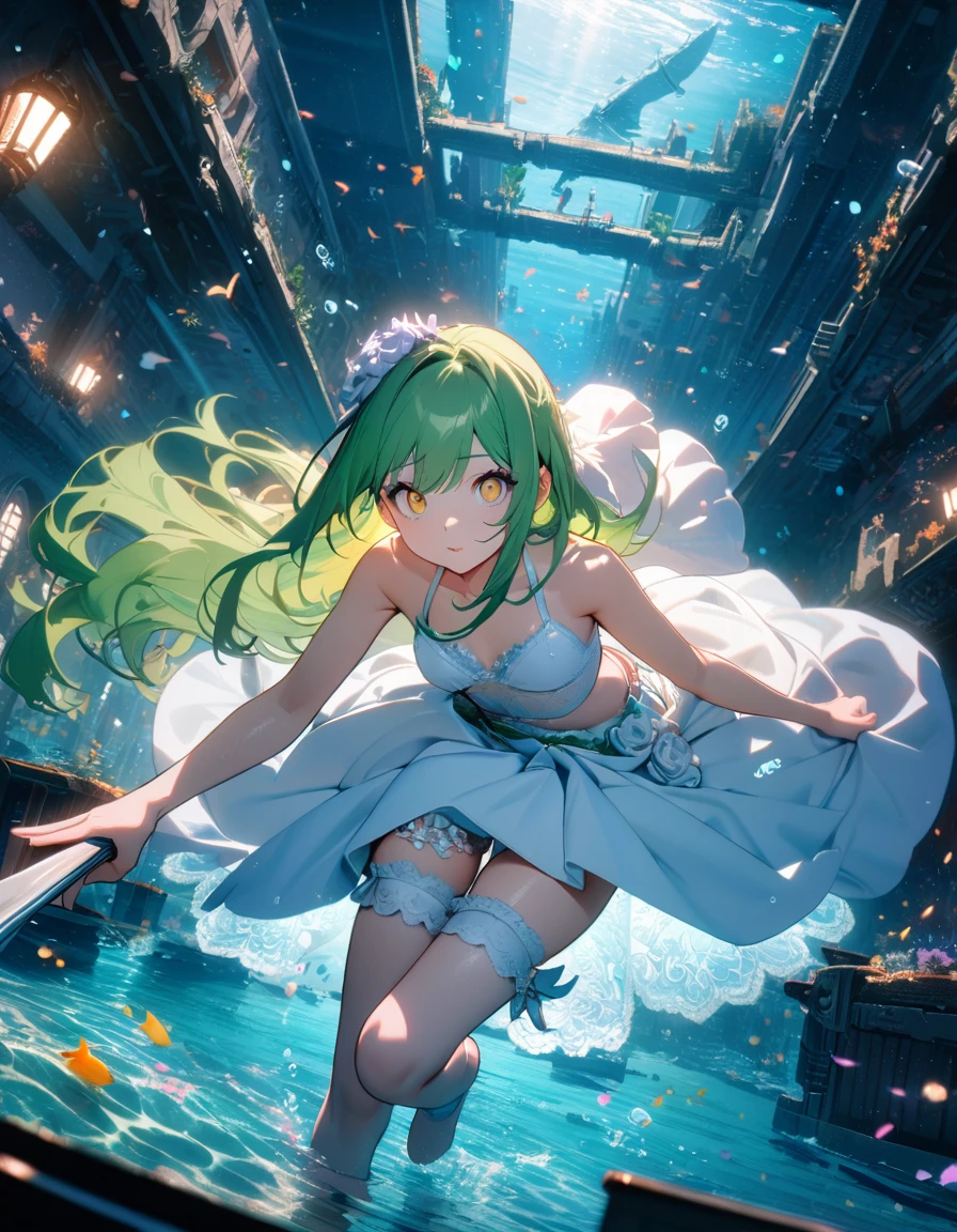 (8K, best quality, master piece: 1.2),super high resolution,1 girl,18yo,solo,ultra-detailed face,deep detailed eyes,yellow eyes,(wedding dress,bikini:1.2),Bridal garter,green hair,green hair, long hair,(Butterfly stroke in clear sea),sunken ship,Cinema lighting,Wide Angle,underwater city