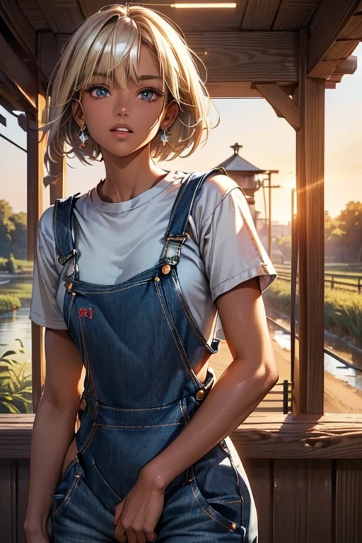 #Basics A girl is posing for a photo, animeのかわいい女の子, (((One Girl, Baby Face, Young girl, 16 years old))), 
BREAK 

#Clothing Accessories 
((Blue denim overalls:1.4) + Under the overalls(Black short sleeve)Wearing a shirt + The bottom part is long blue denim jeans + Under the overallsスパッツを着ている + Light blue sneakers), 
Red gemstone earrings, fancy silver necklace,  
BREAK 

#Features 
((Blonde)), (Diagonal bangs), (Very short hair:0.5 + Thin Hair),  
(Droopy eyes, blue eyes), (Small breasts), ((Tanned and dark skin:1.4)), 
BREAK 

#background environment 
(noon、(Sunlit field, Waterways, Rural landscape, Watermill)), 
#Facial Expression Pose
((smile:1.5 + Teeth are visible + Laughing with open mouth), (A relaxed pose with your arms naturally hanging down at your sides)), 
#composition 
((Face the camera, Cowboy Shot)),  
BREAK 

#Body parts elements 
(Detailed hair, Beautiful Hair, Shiny Hair), 
(double eyelid, Long eyelashes), 
(Expression of fine eyes, Beautiful and delicate eyes, Sparkling eyes, Eye Reflexes, Glitter Eyeliner), 
(Human Ear), 
(Beautiful Nose, Thin Nose), 
(Glossy lips, Beautiful Lips, Thick lips, Glossy Lips, Natural Cheeks), 
(Detailed face, Symmetrical facial features), 
(Detailed skin, Textured skin, Beautiful Skin, Shiny skin), 
BREAK 

#Quality 
(((Highest quality)), ((masterpiece)), ((Very detailed))), ((High resolution), (16K,1080P)), 
(Realistic), (Anatomically correct), 
((comics, anime)), (3DCG), CG illustration,
